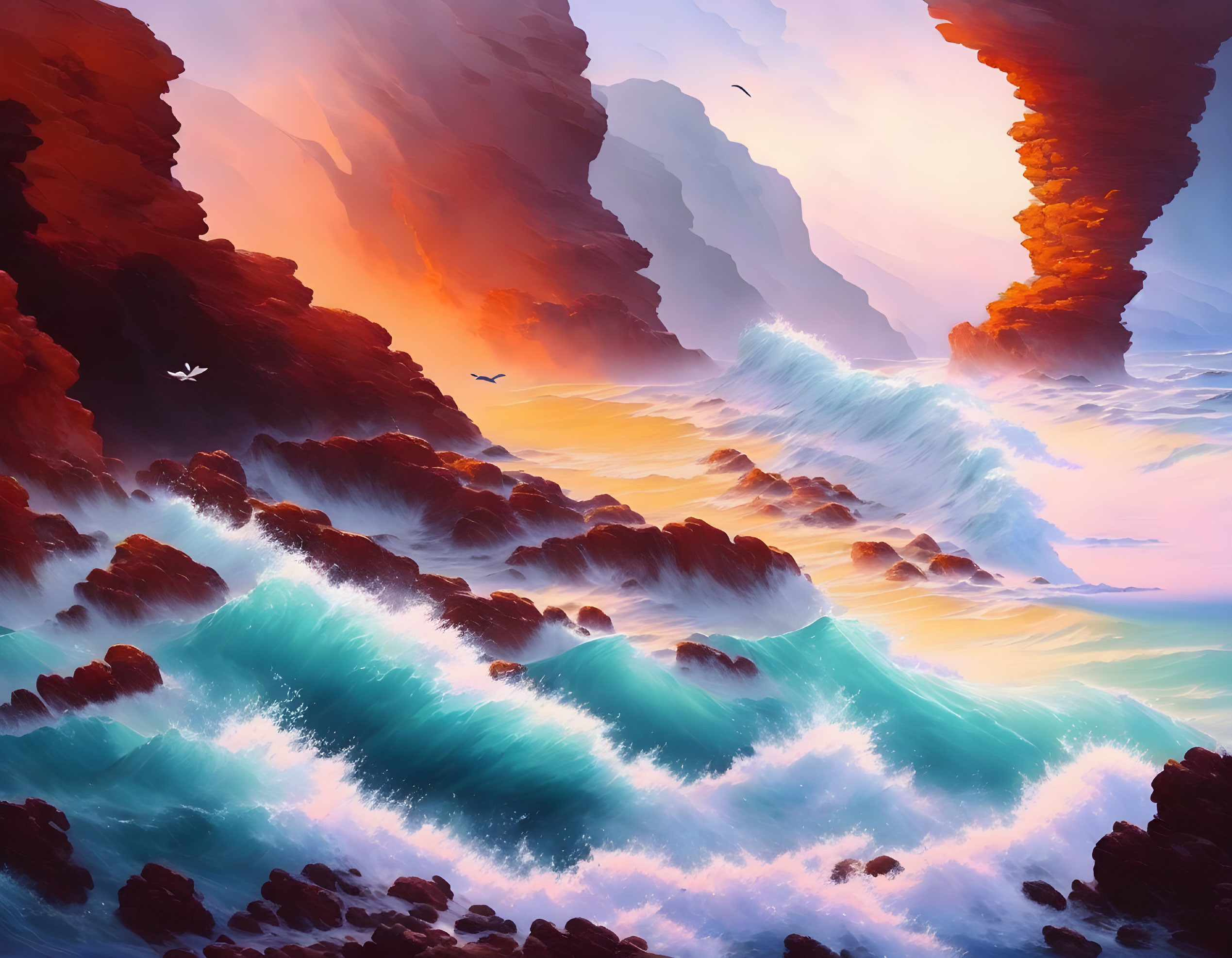 Vibrant sunset over turbulent ocean waves and cliffs with flying birds