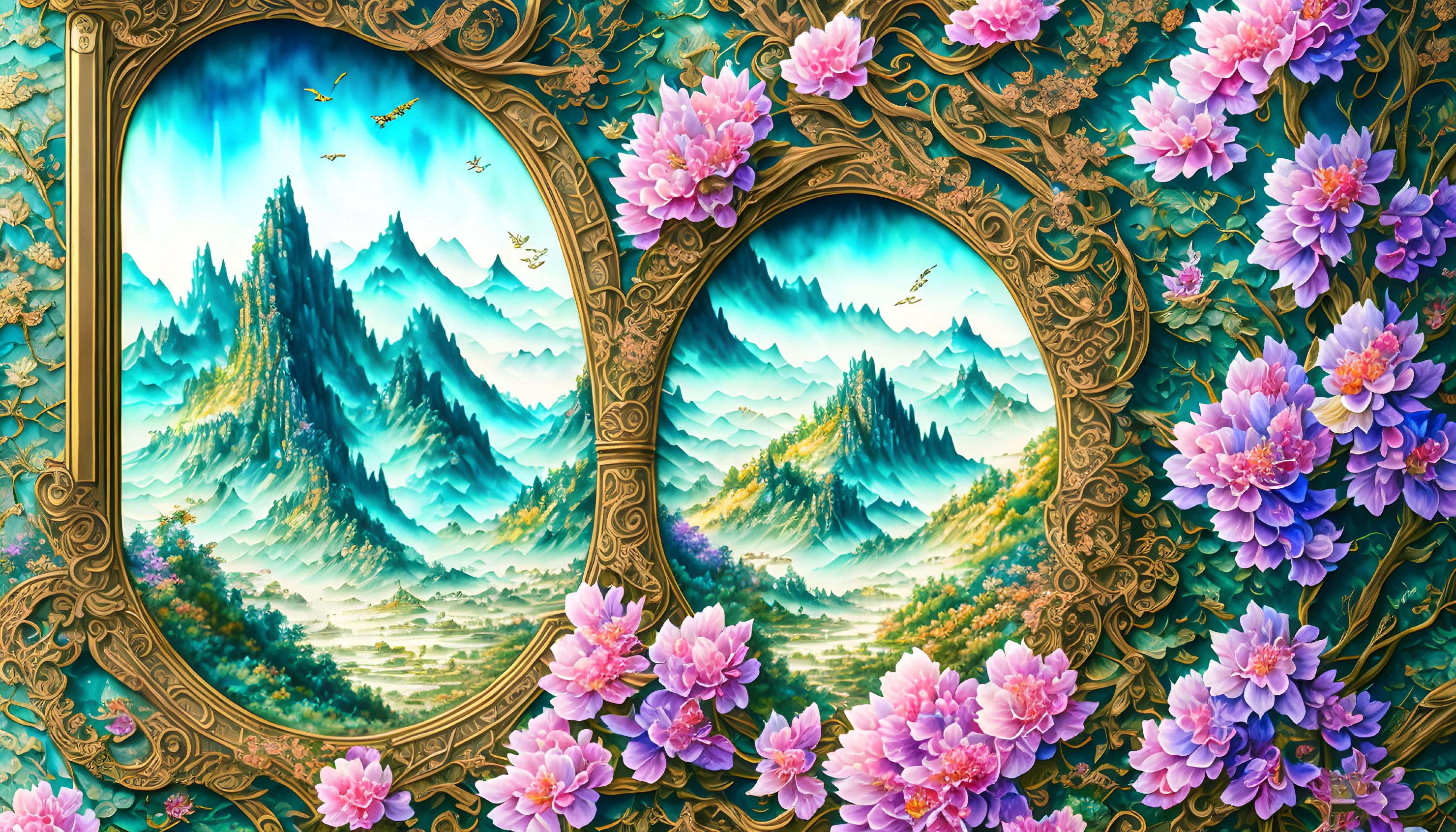 Golden Frame Surrounding Vibrant Painting of Green Mountains and Birds