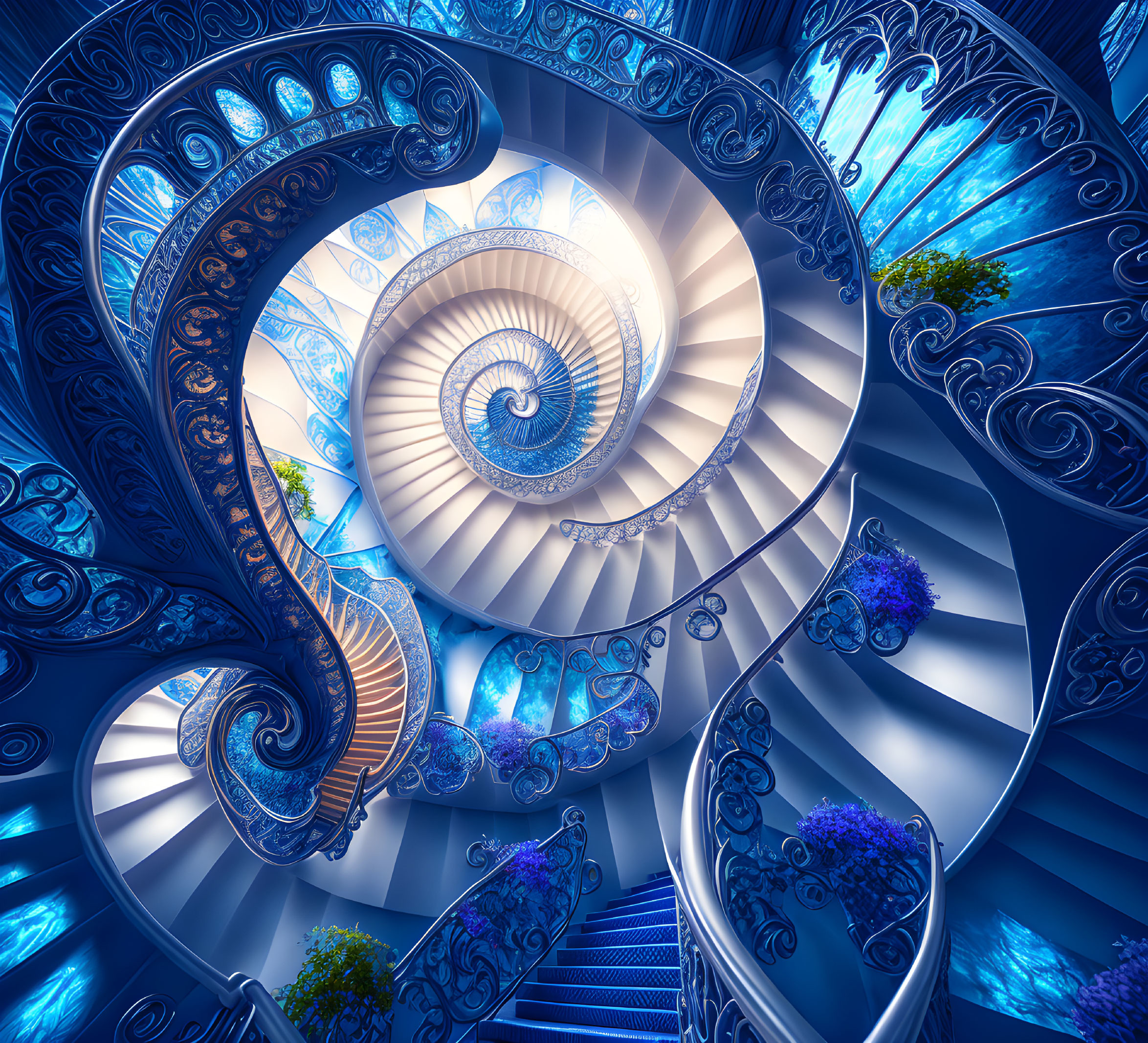 Intricate Blue Fractal Staircase Spiraling Upwards