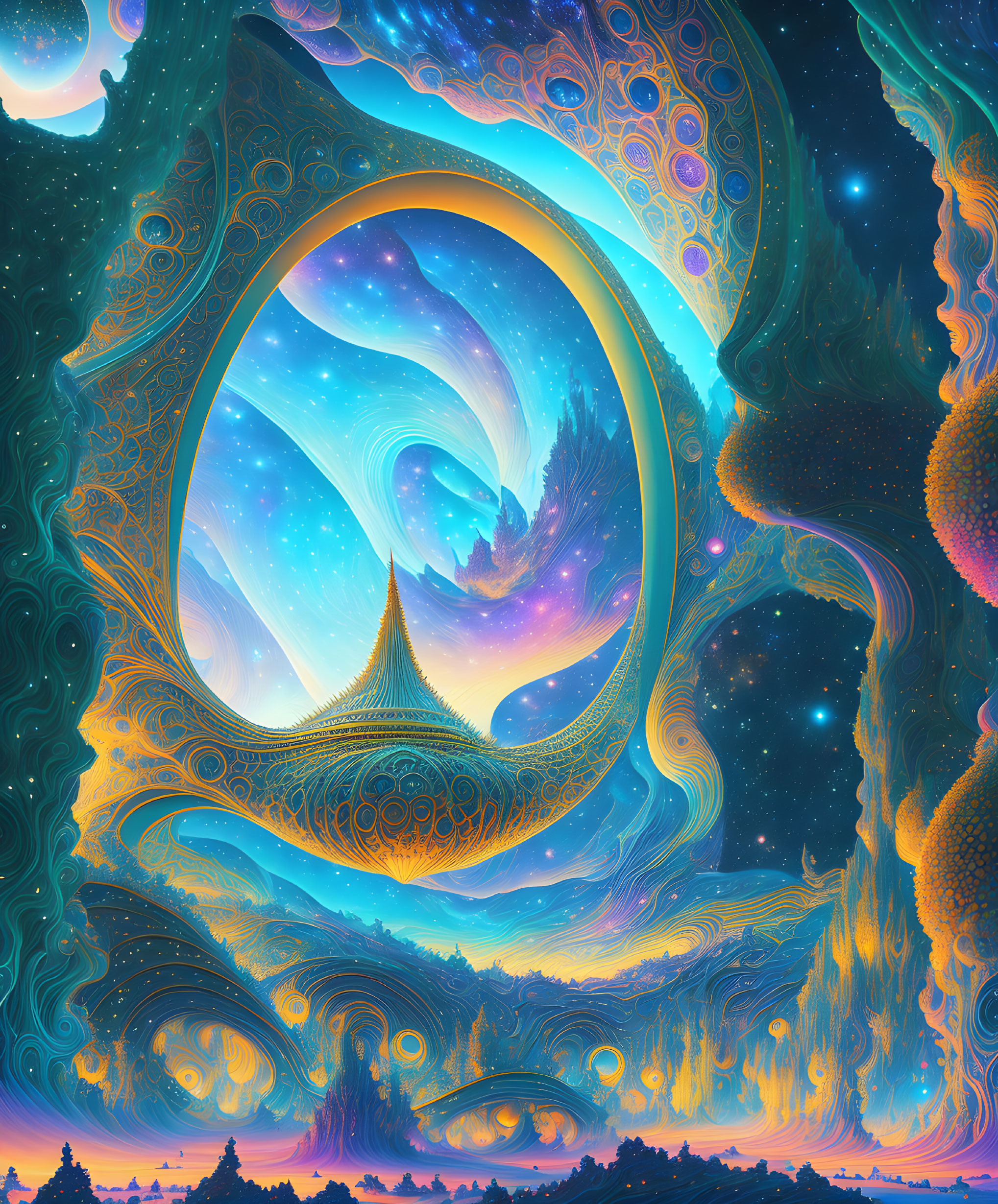 Surreal cosmic landscape with swirling patterns and circular portal