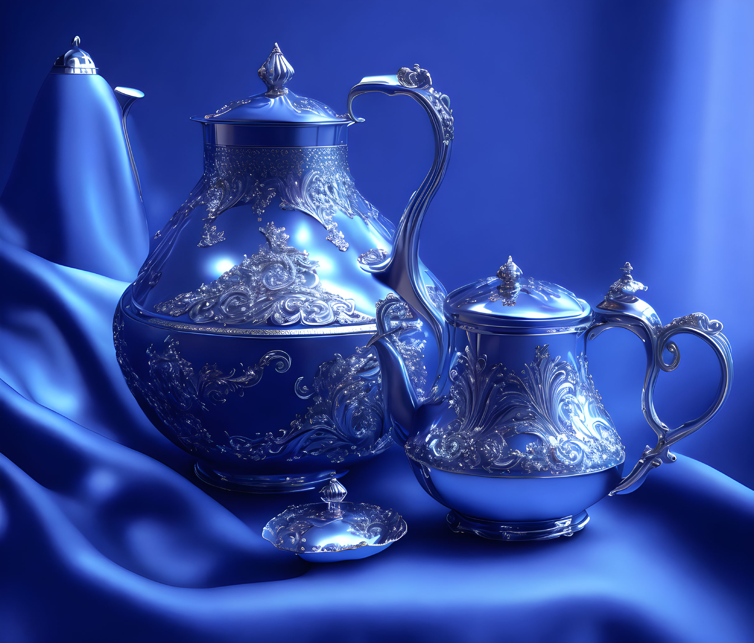 Silver Teapot Set with Intricate Designs on Satin Blue Background