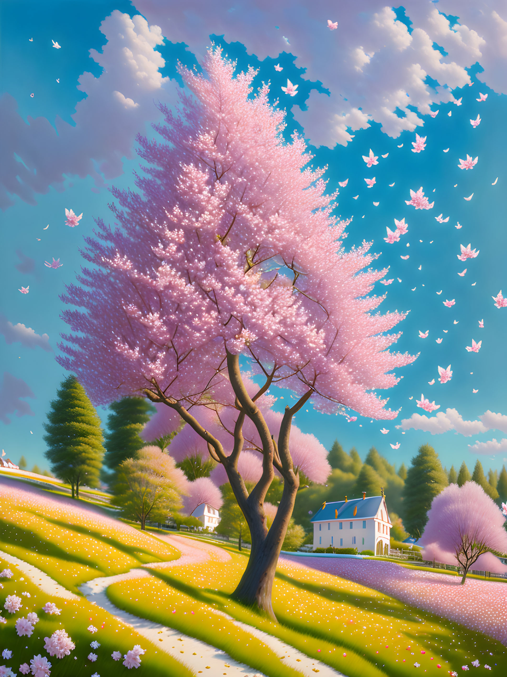 Lush landscape with cherry blossom tree and quaint house