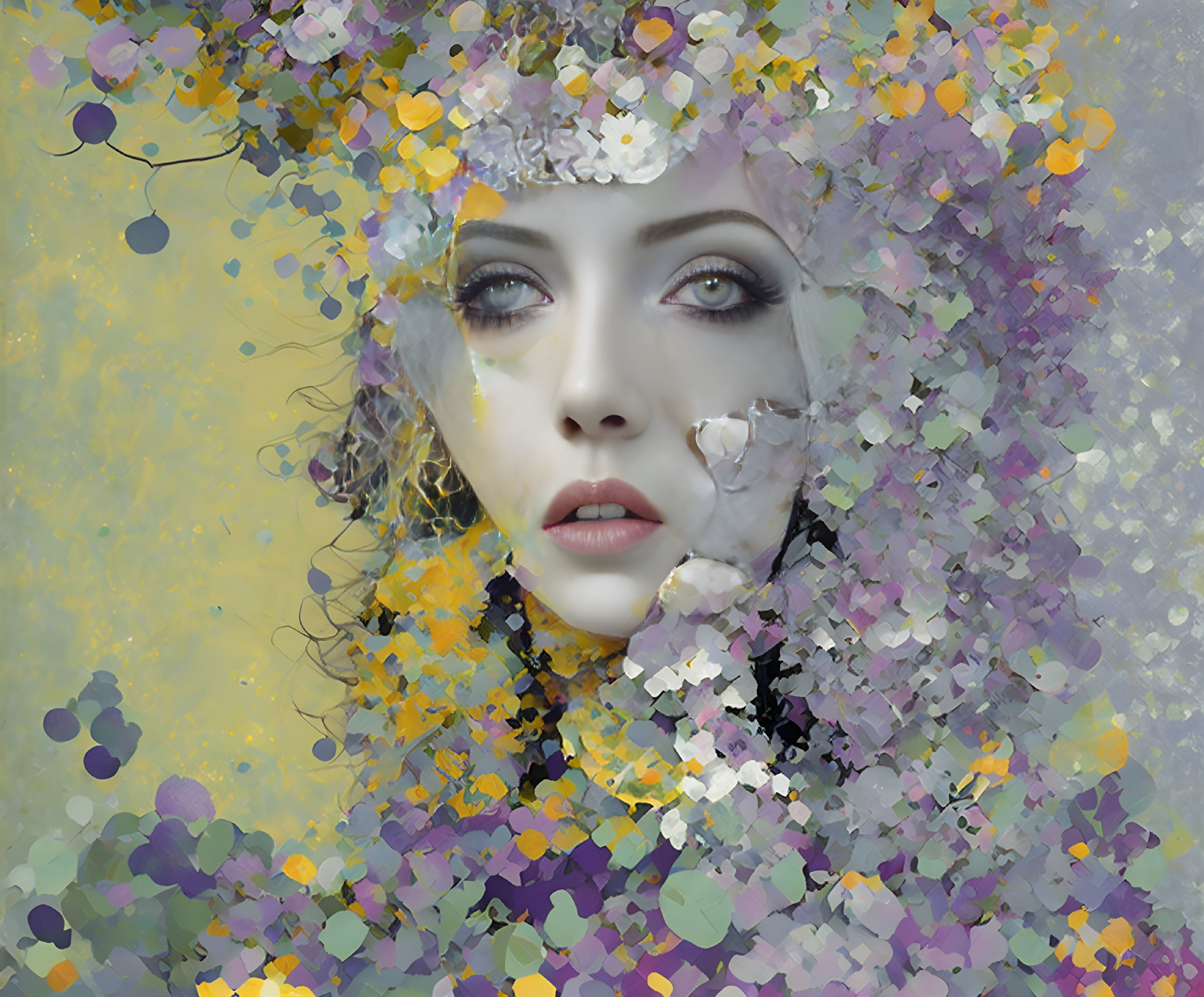 Colorful digital artwork of woman's face obscured by swirling mosaic of petal-like shapes