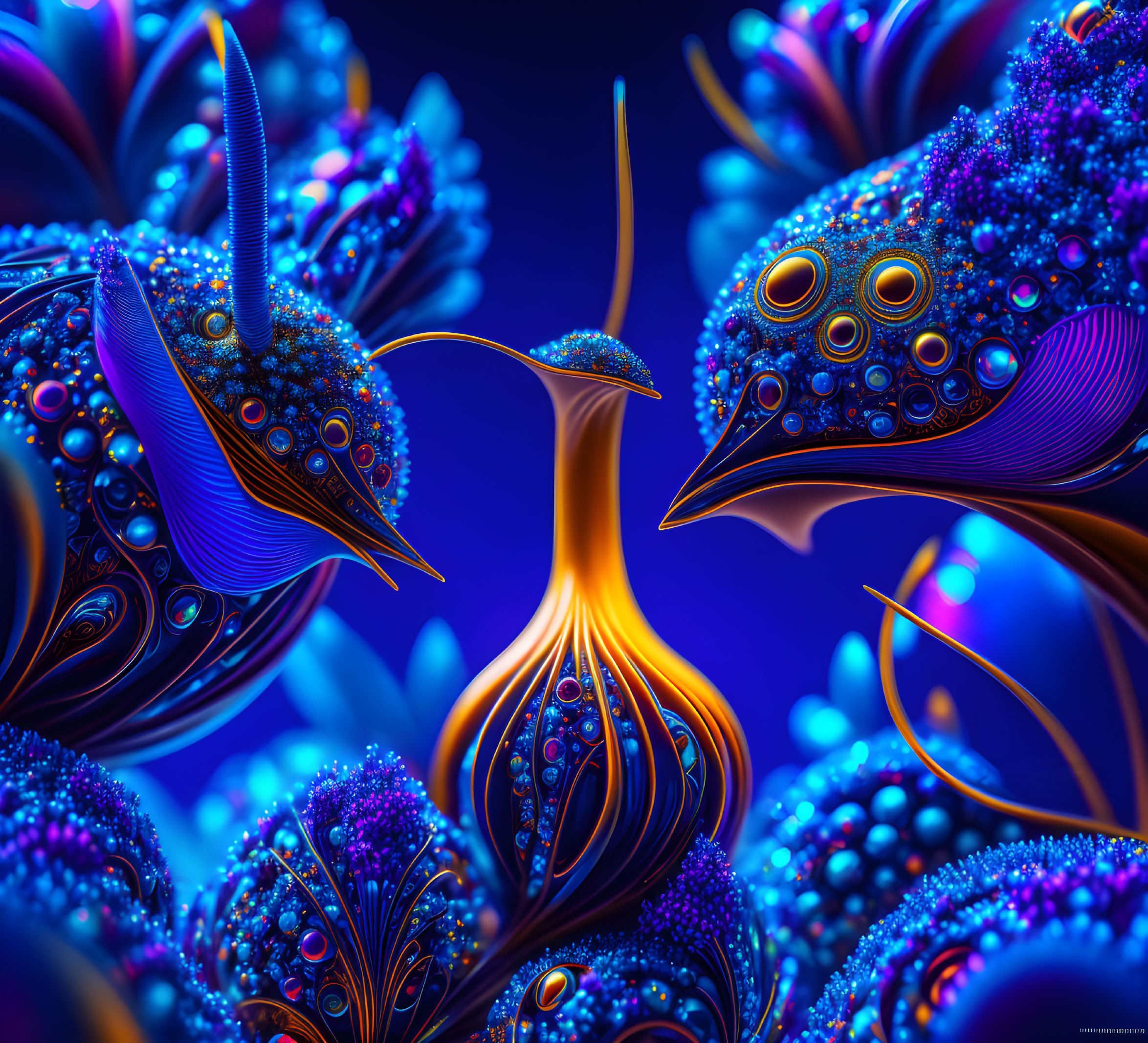 Abstract digital art: Vibrant peacock-like shapes in blue and orange