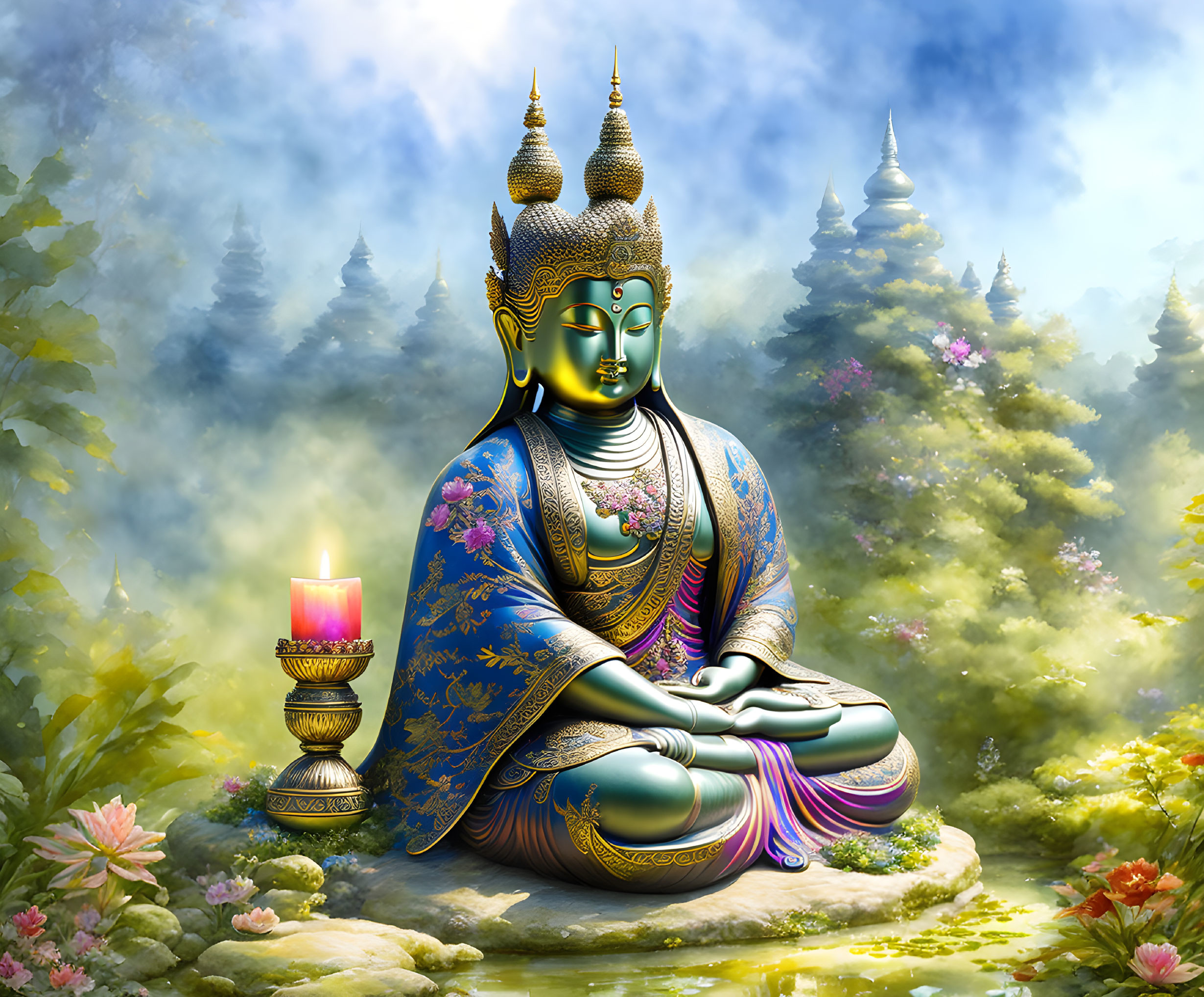 Multi-headed Buddha statue meditating in misty forest with flowers and candle