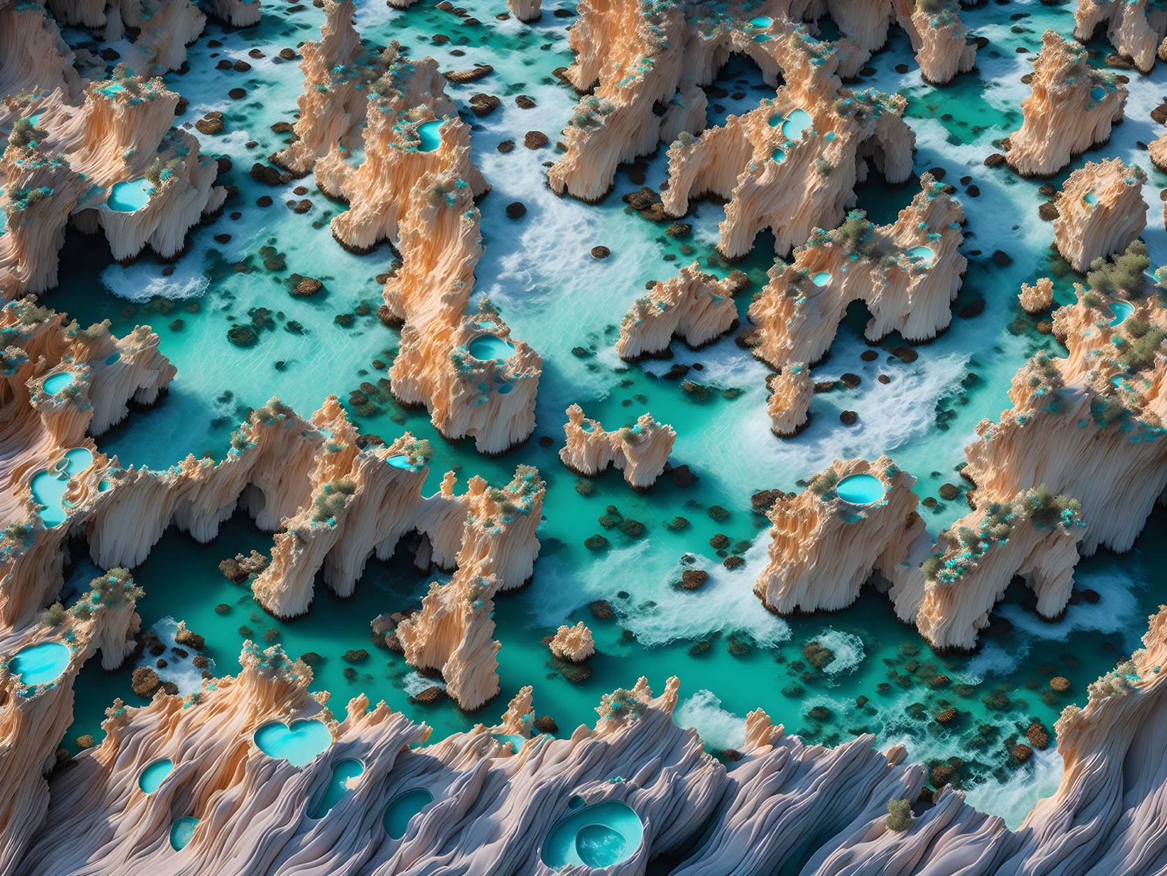 Rugged Landscape with Eroded Rock Formations and Turquoise Water Pools