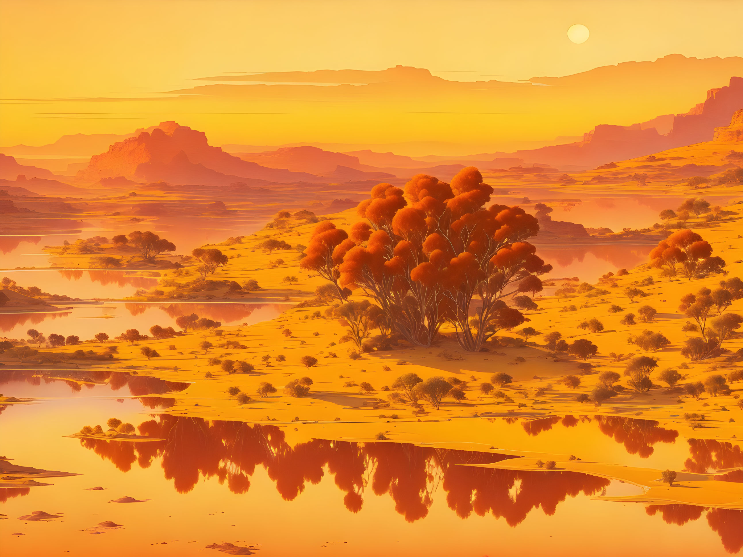 Orange-hued desert landscape at sunset with reflective water bodies