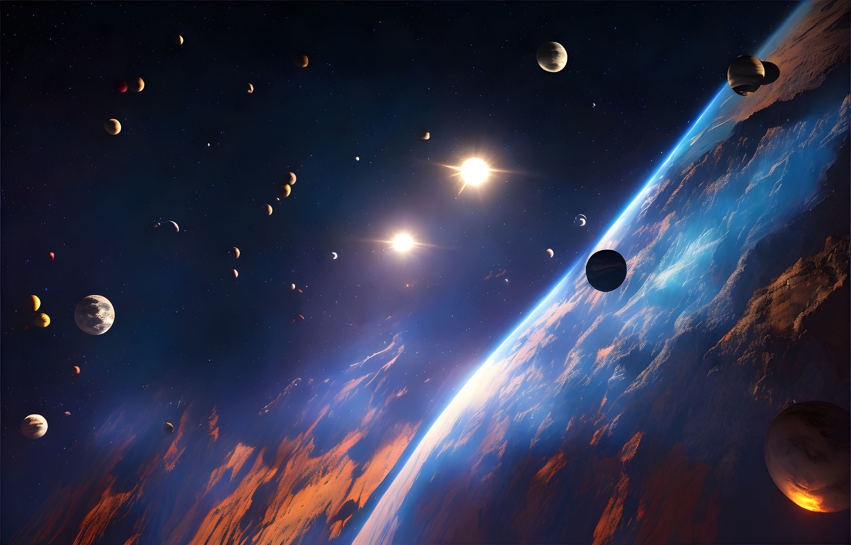 Colorful Space Scene with Planets, Moons, and Sunburst