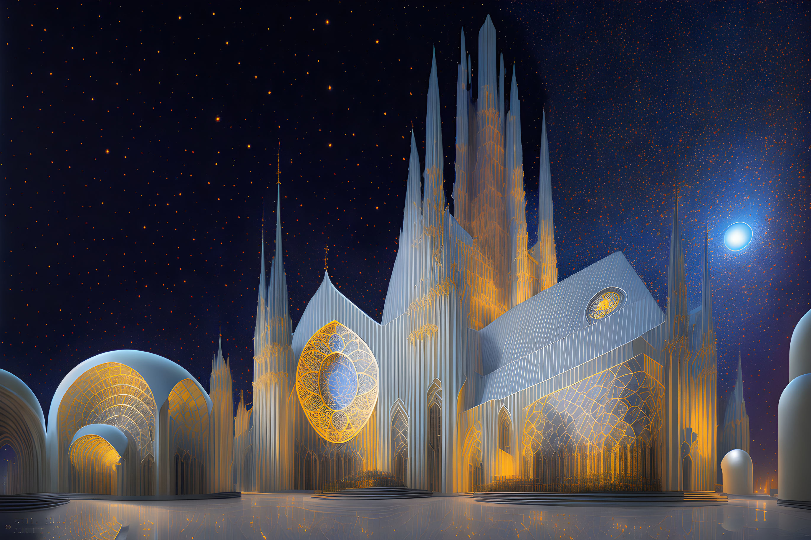 Golden cathedral with spires under starlit sky: detailed architecture, luminous windows, serene atmosphere