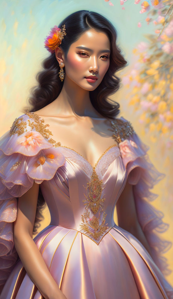 Elegant woman with wavy hair in gilded peach gown and floral backdrop