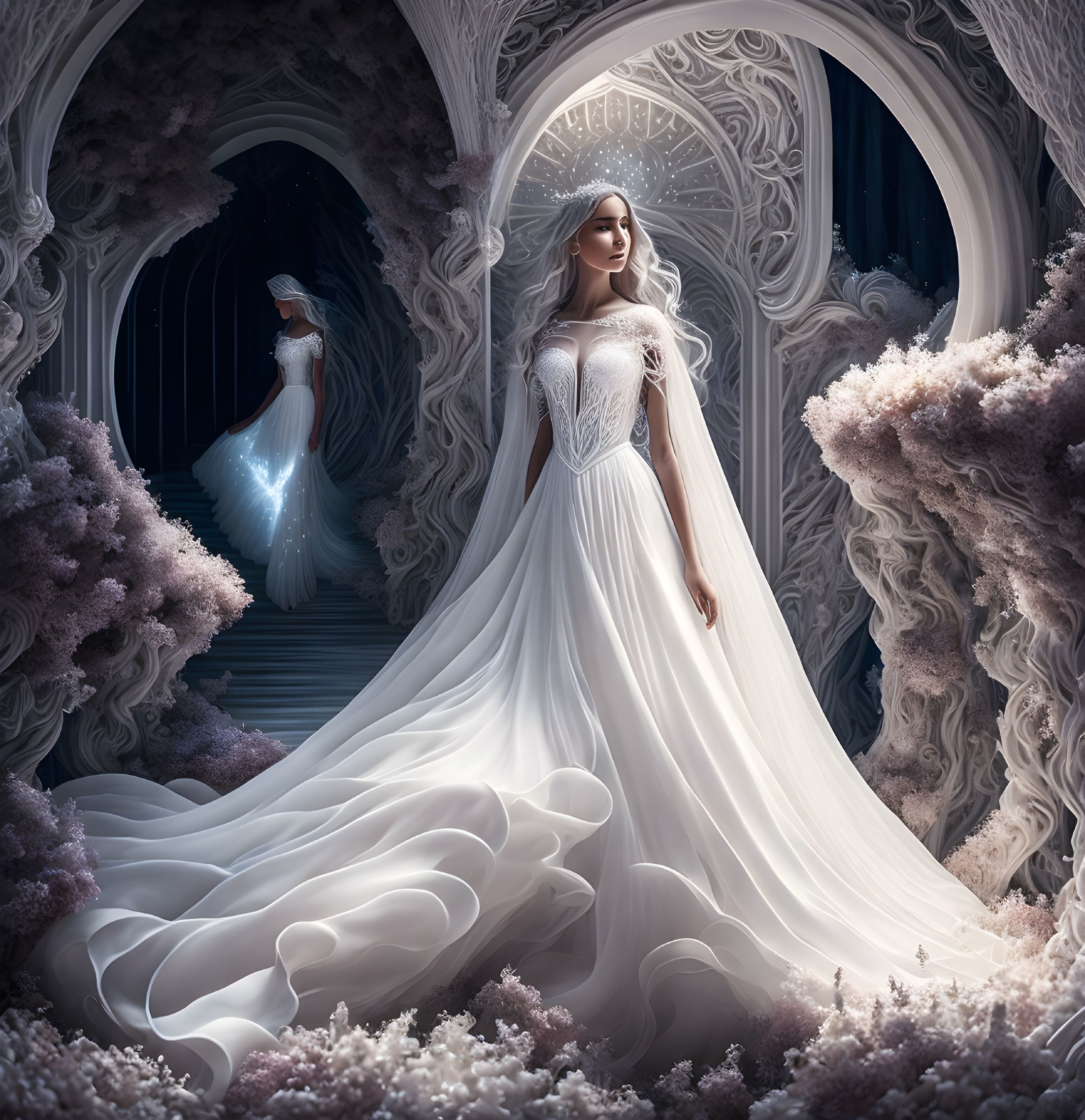 Ethereal woman in white gown under floral archway