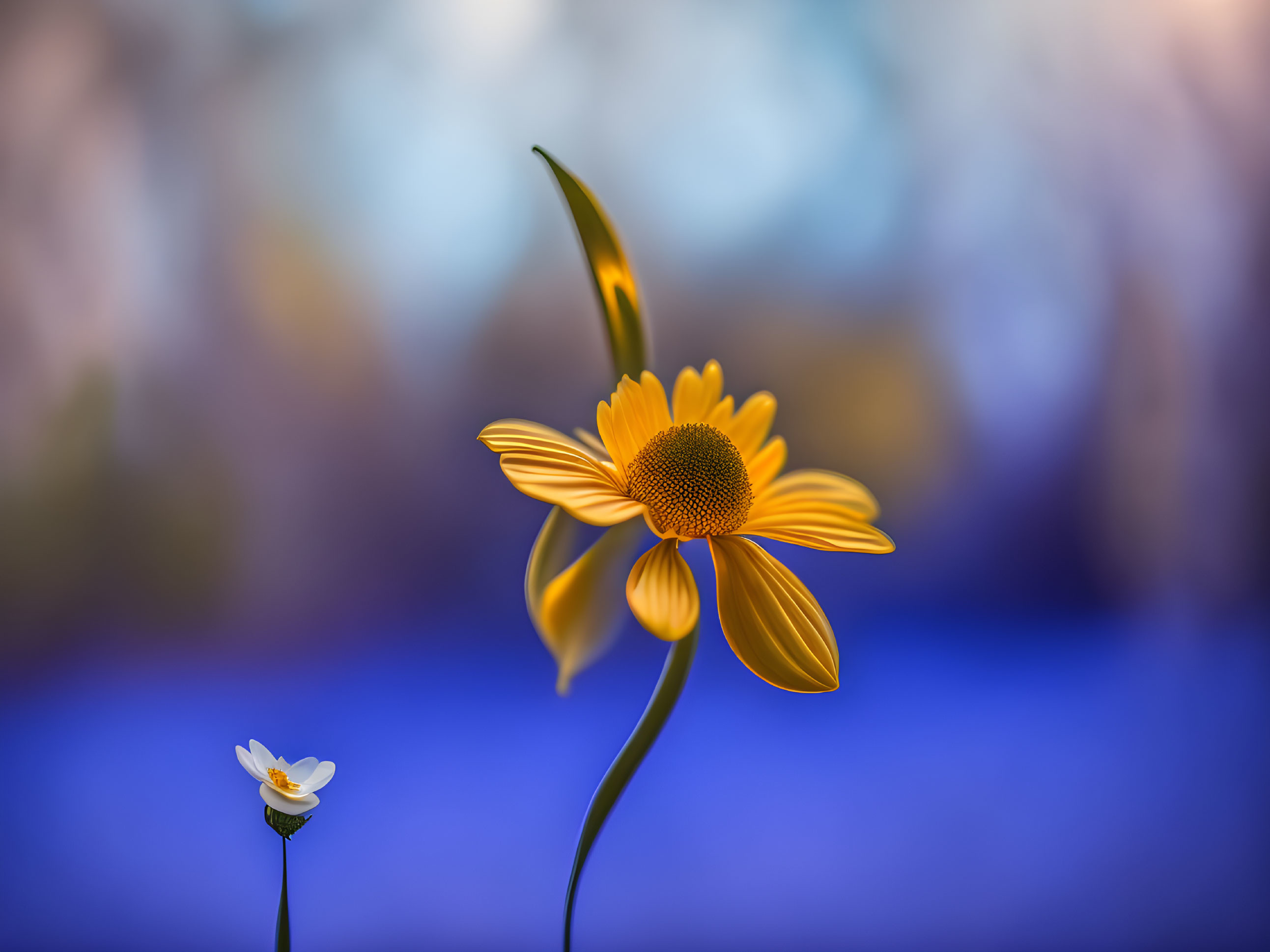 Yellow and white flowers on soft blue background