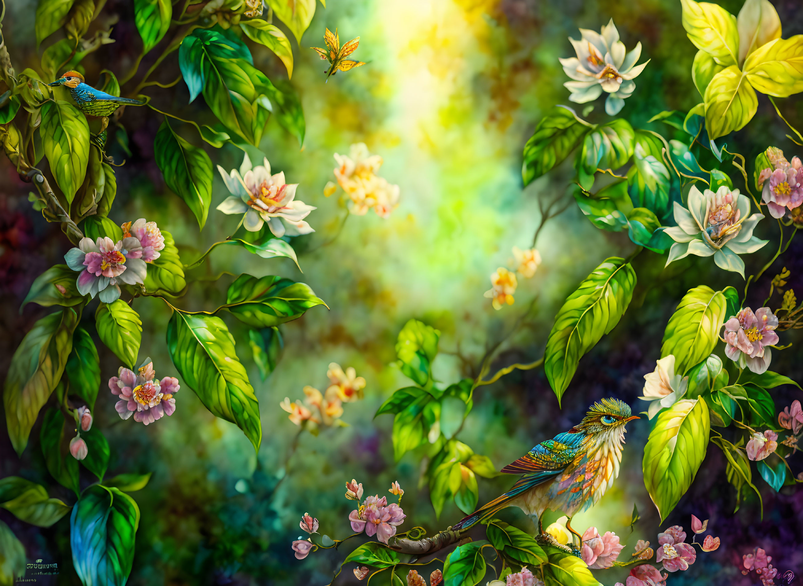 Colorful garden illustration with blossoming flowers and birds