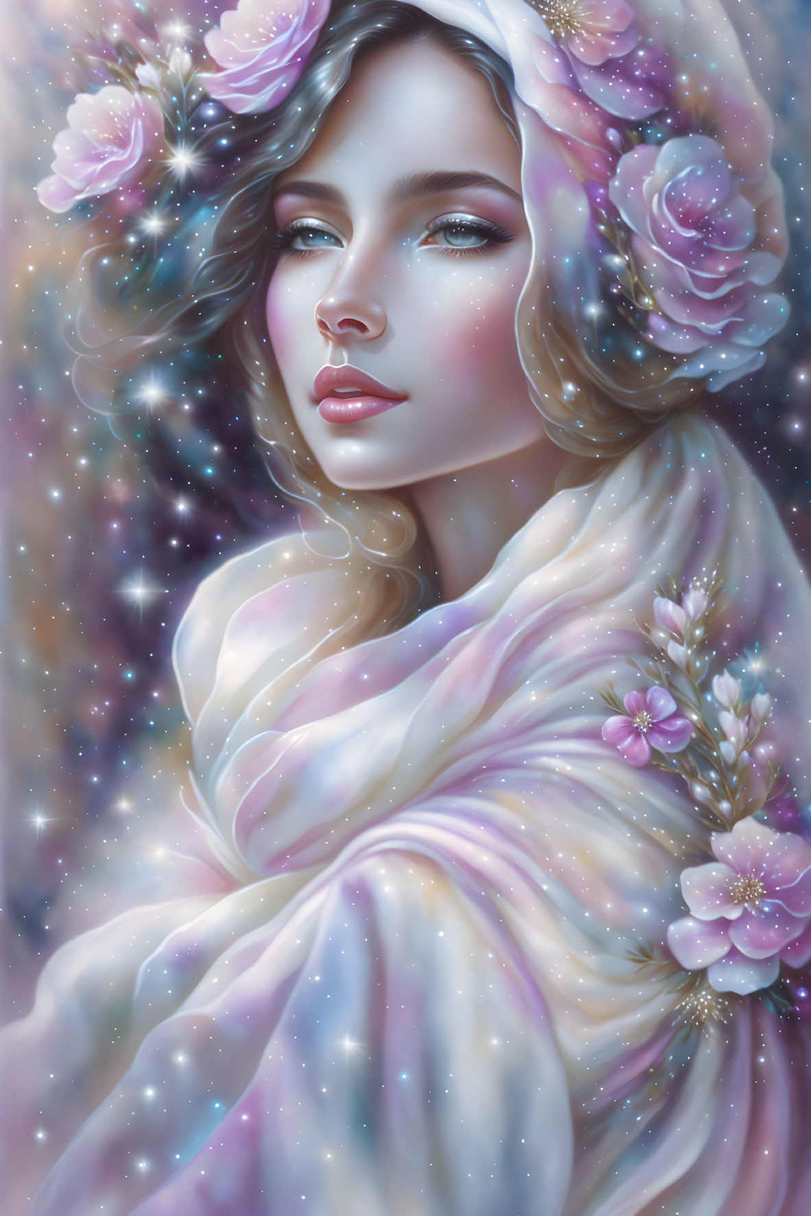 Surreal portrait: Woman with flowers in hair, attire blending into starry galaxy.