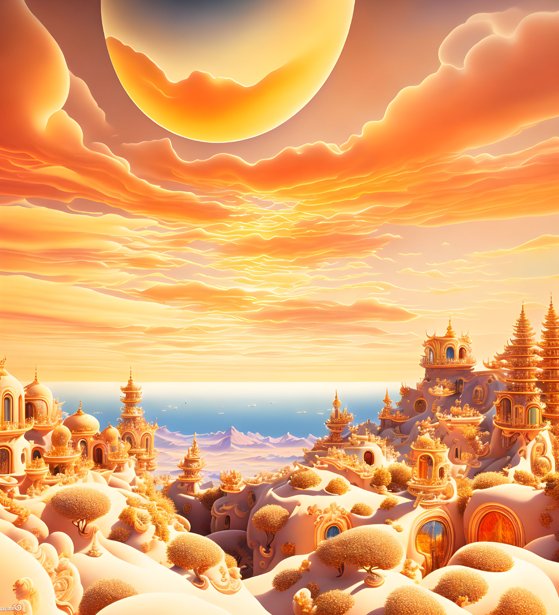 Fantastical landscape with golden clouds, temples, moon, and sunset.