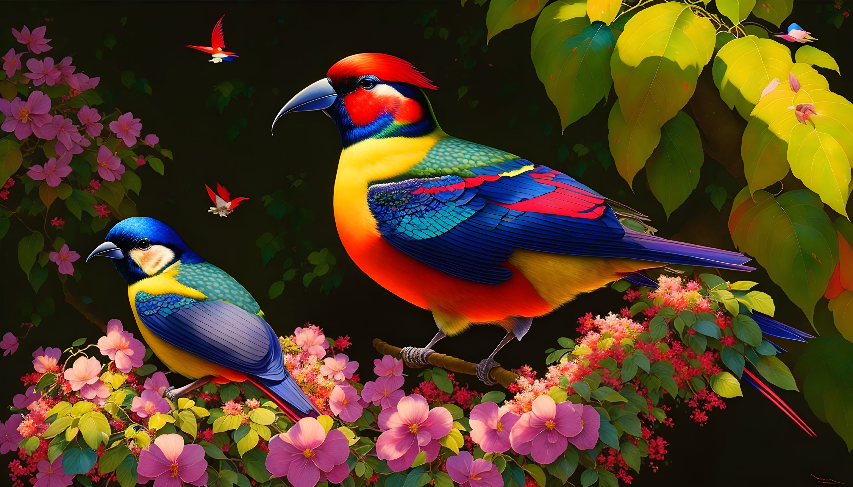 Colorful Birds and Hummingbirds in Vibrant Digital Art