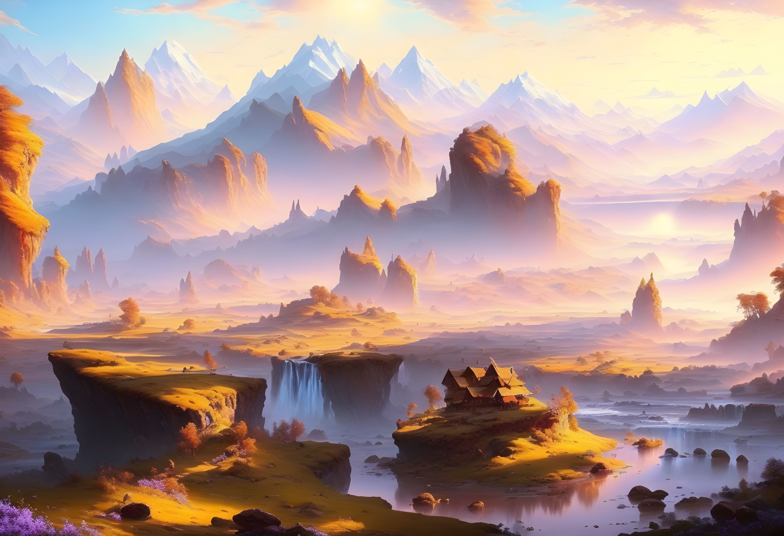 Fantasy landscape with waterfalls, hut, mountains at sunrise