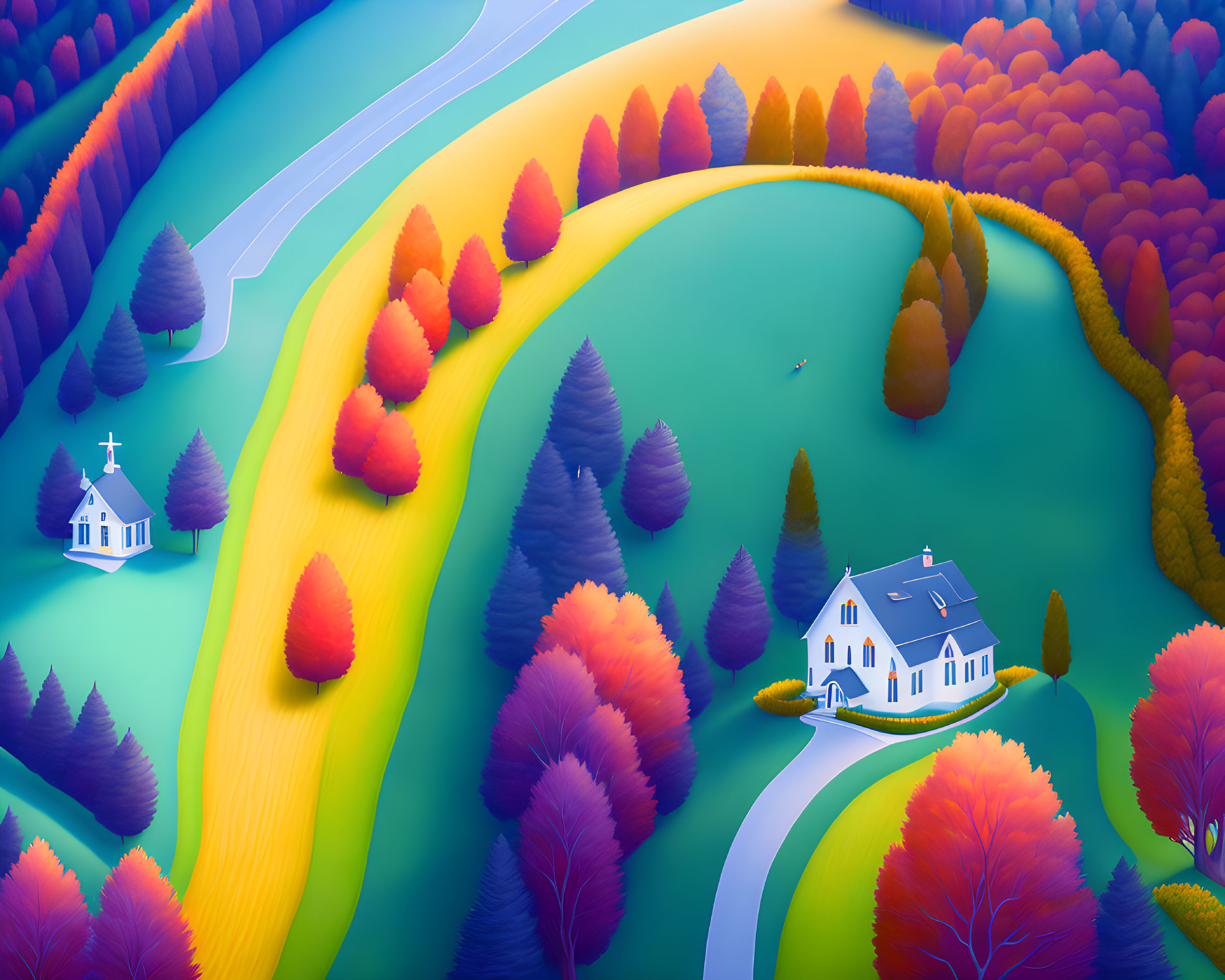 Colorful autumnal landscape with house, church, and river bend.