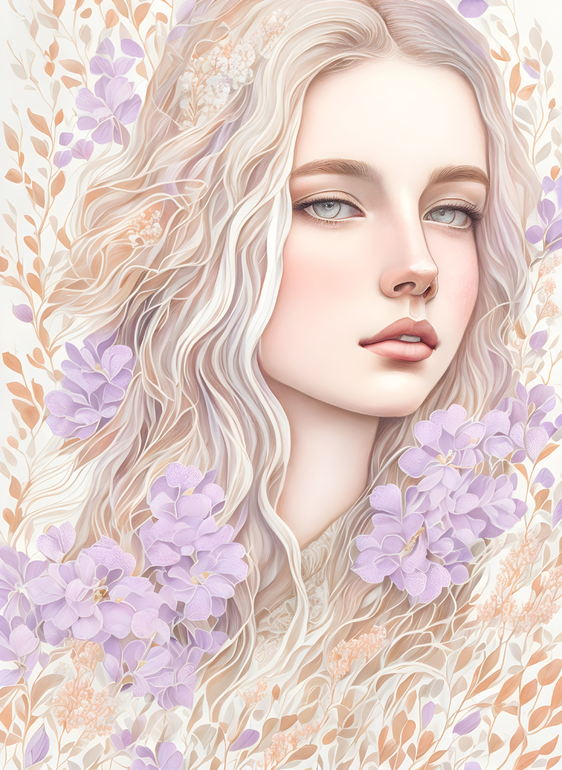 Illustrated portrait of woman with white wavy hair, purple flowers, and golden leaves