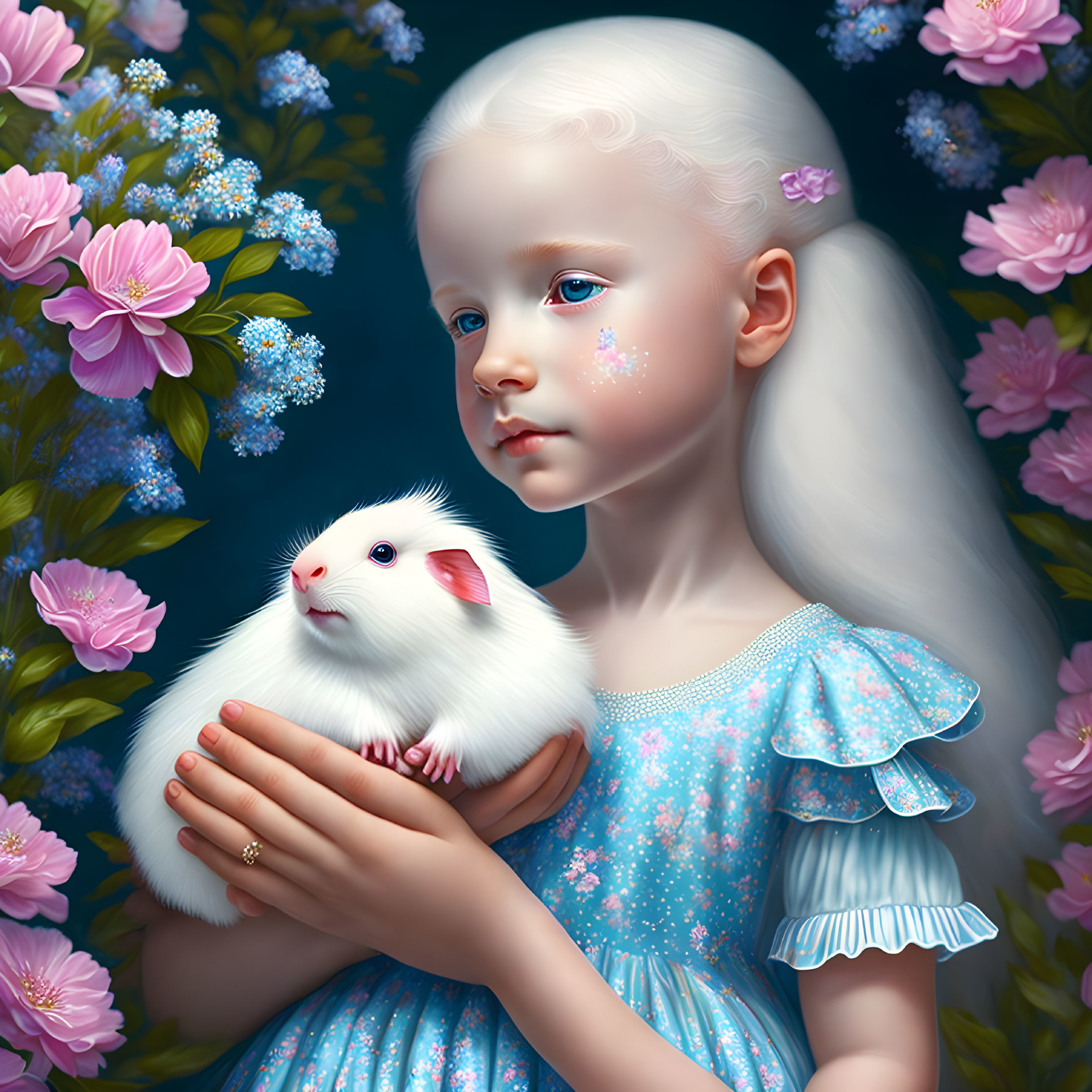 Pale-haired girl in blue dress with white guinea pig among pink flowers