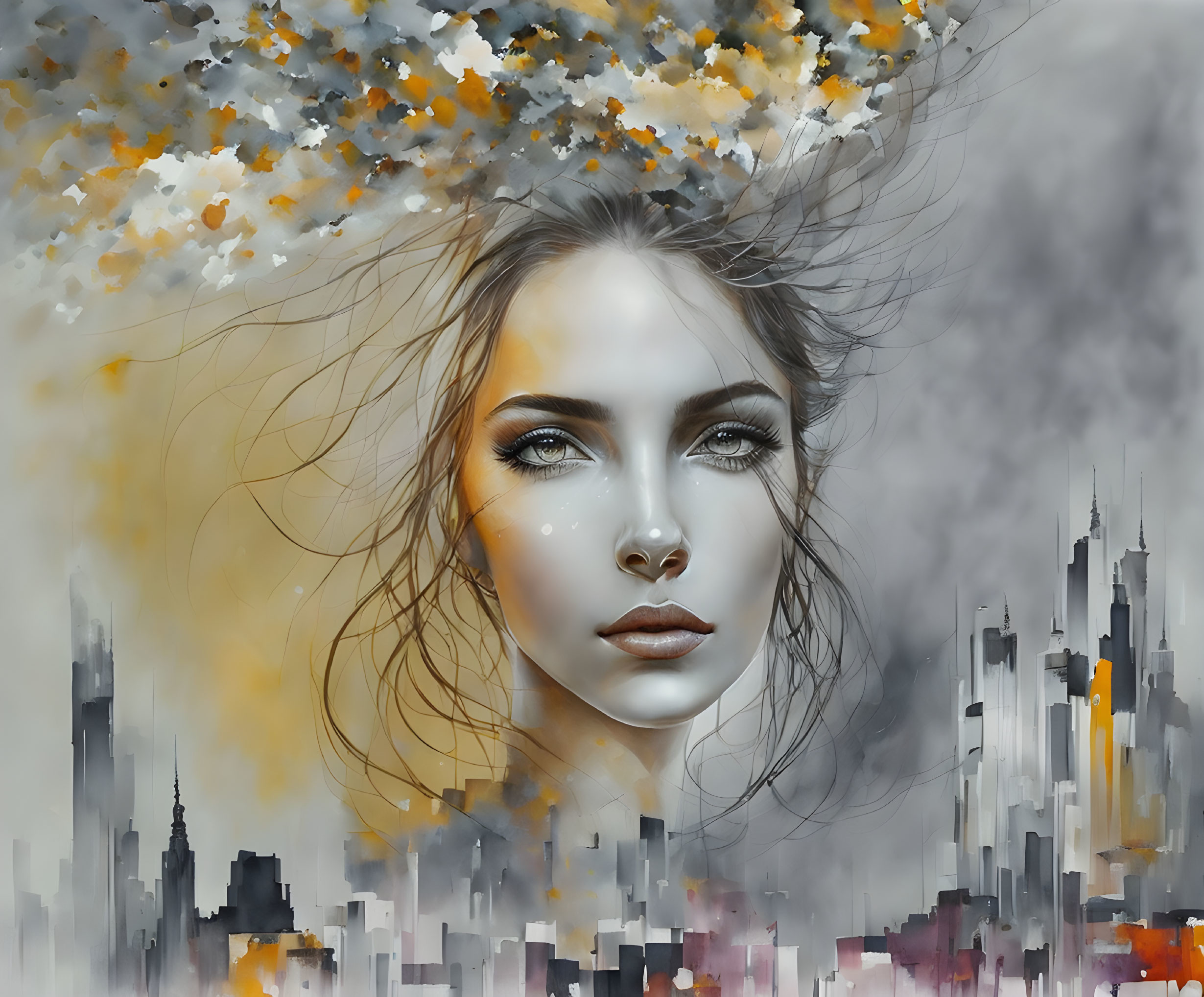 Woman's face blended with abstract cityscape in gray tones with orange accents