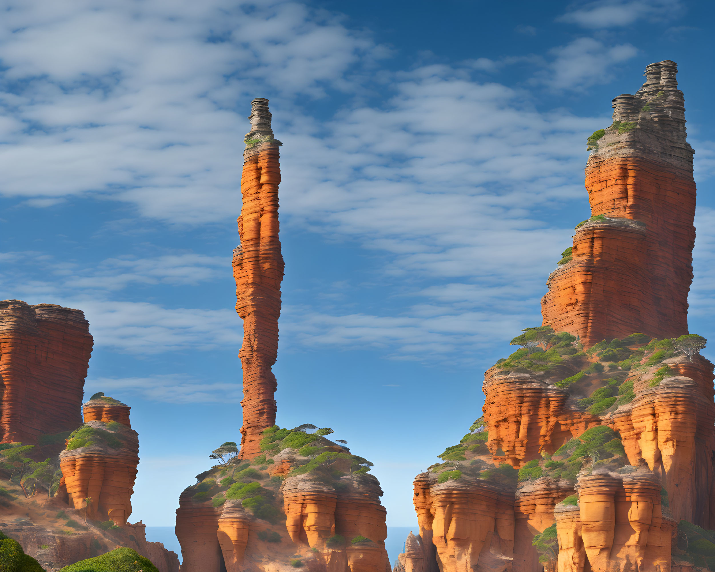 Red Rock Spires Amid Green Landscape Under Blue Sky