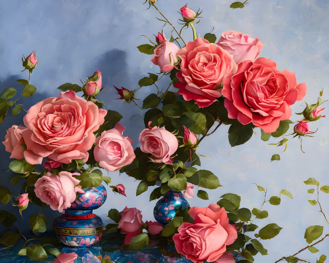 Pink Roses in Blue Vase on Soft Blue Background