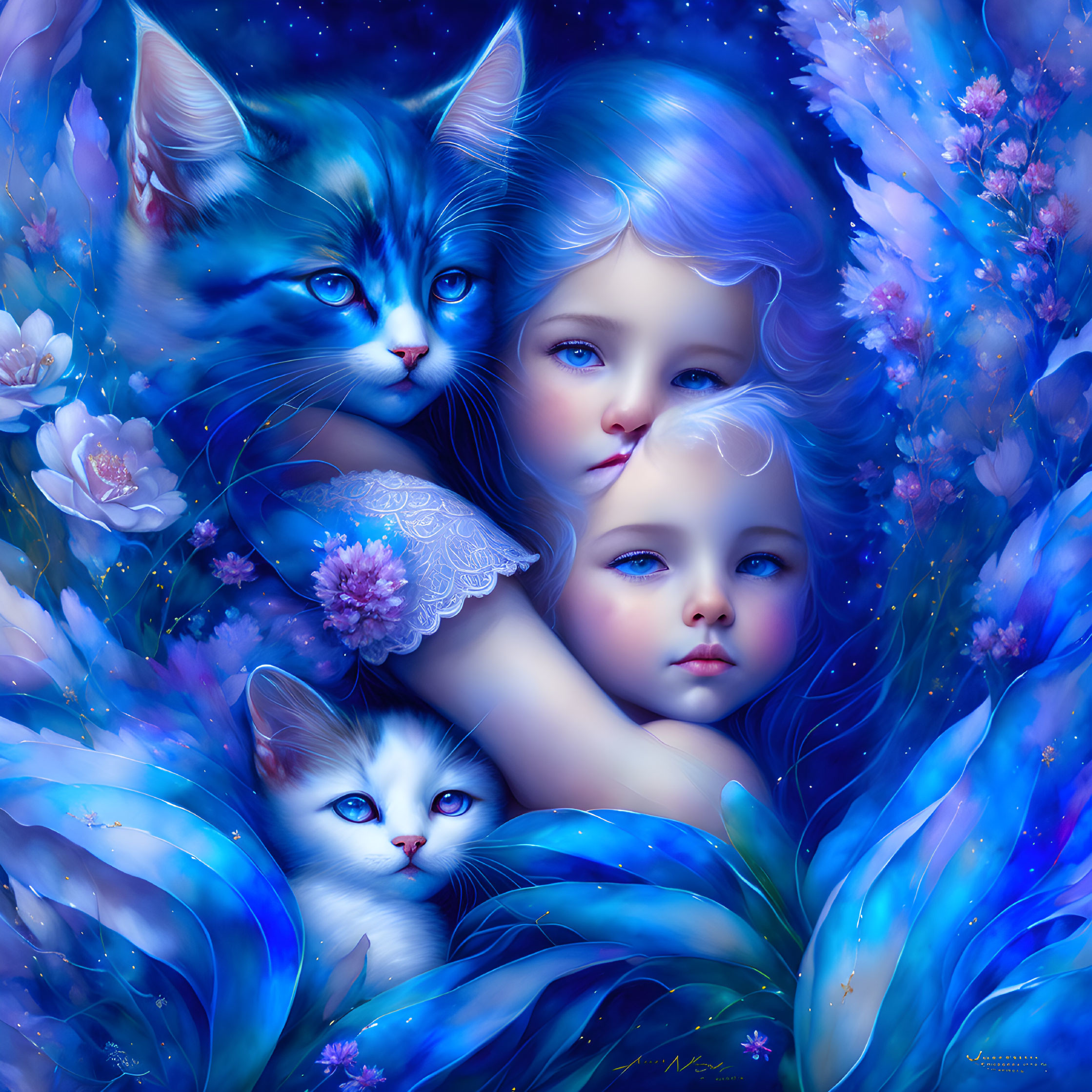 Fantastical image of children with blue hair and eyes, surrounded by vibrant blue flora and cats.