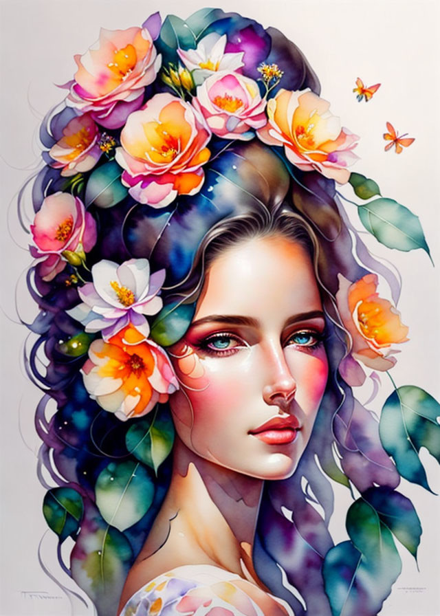 Colorful artistic portrait of woman with floral hair arrangement and butterfly in vibrant hues.