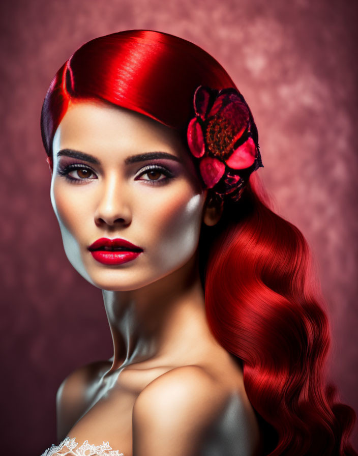 Woman with Vibrant Red Hair and Floral Accessory Poses Against Red Backdrop