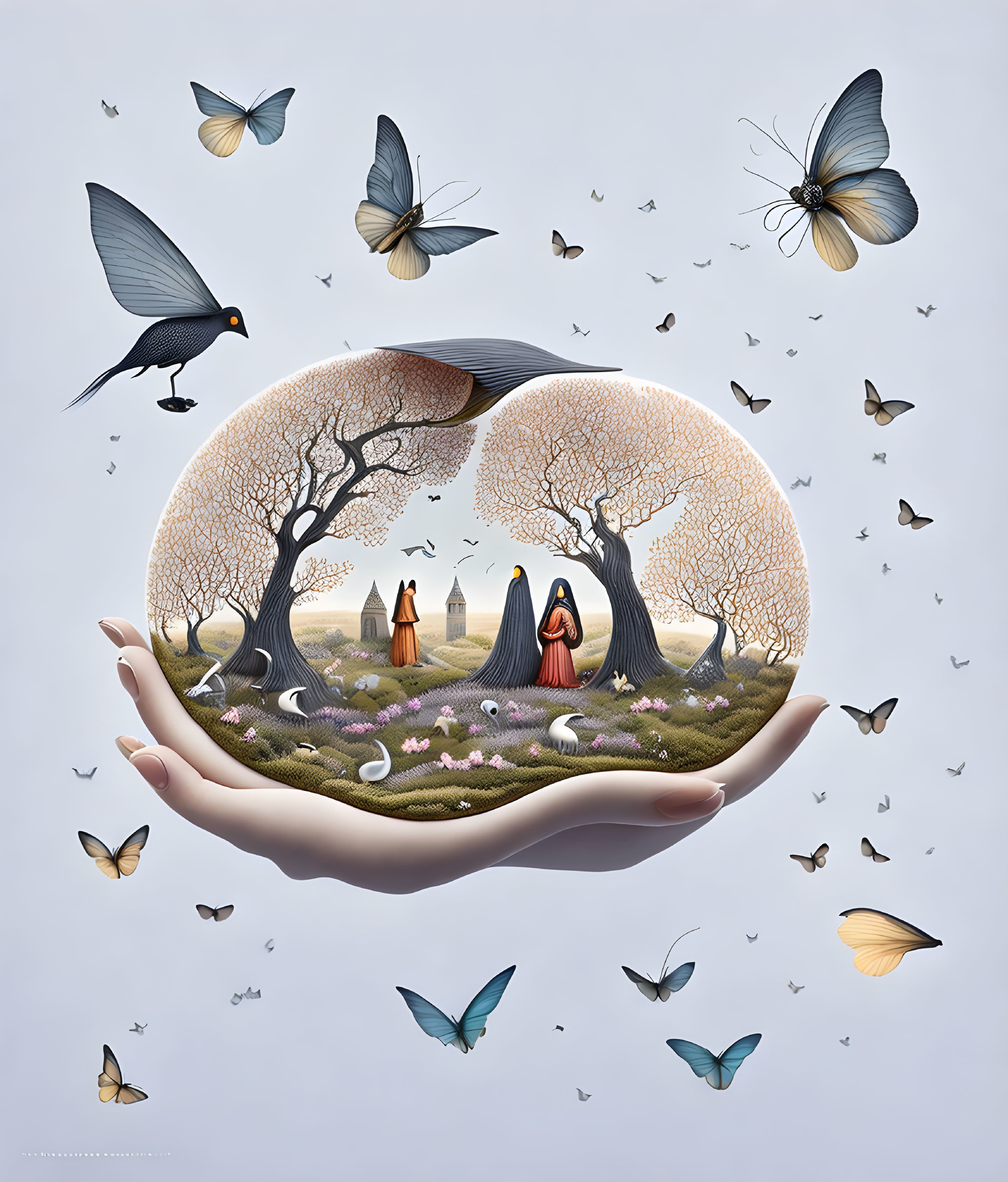 Surreal illustration: hands cradle bubble with mini landscape, trees, figures, birds, butterflies