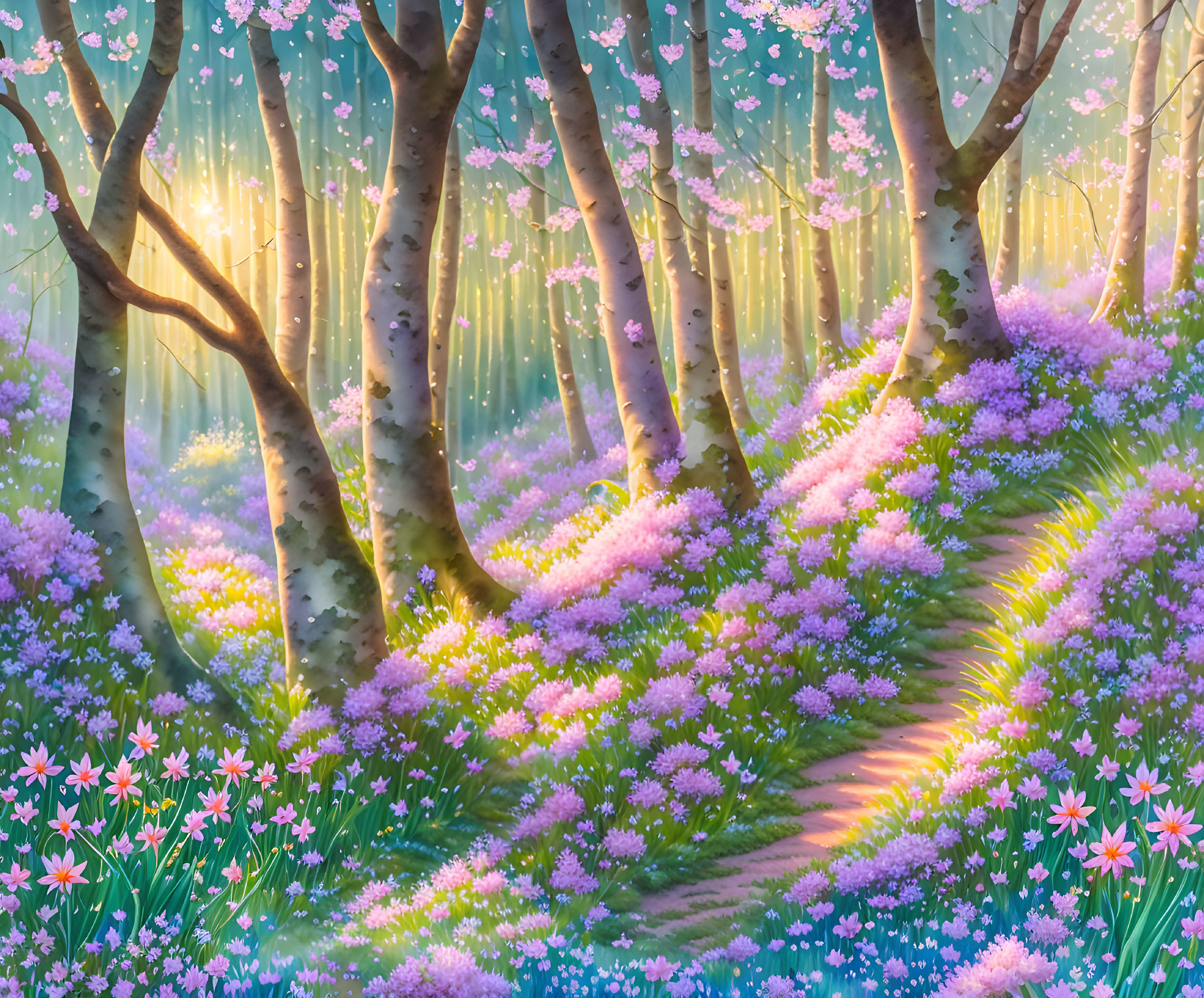 Enchanting forest scene with cherry blossoms and purple flowers