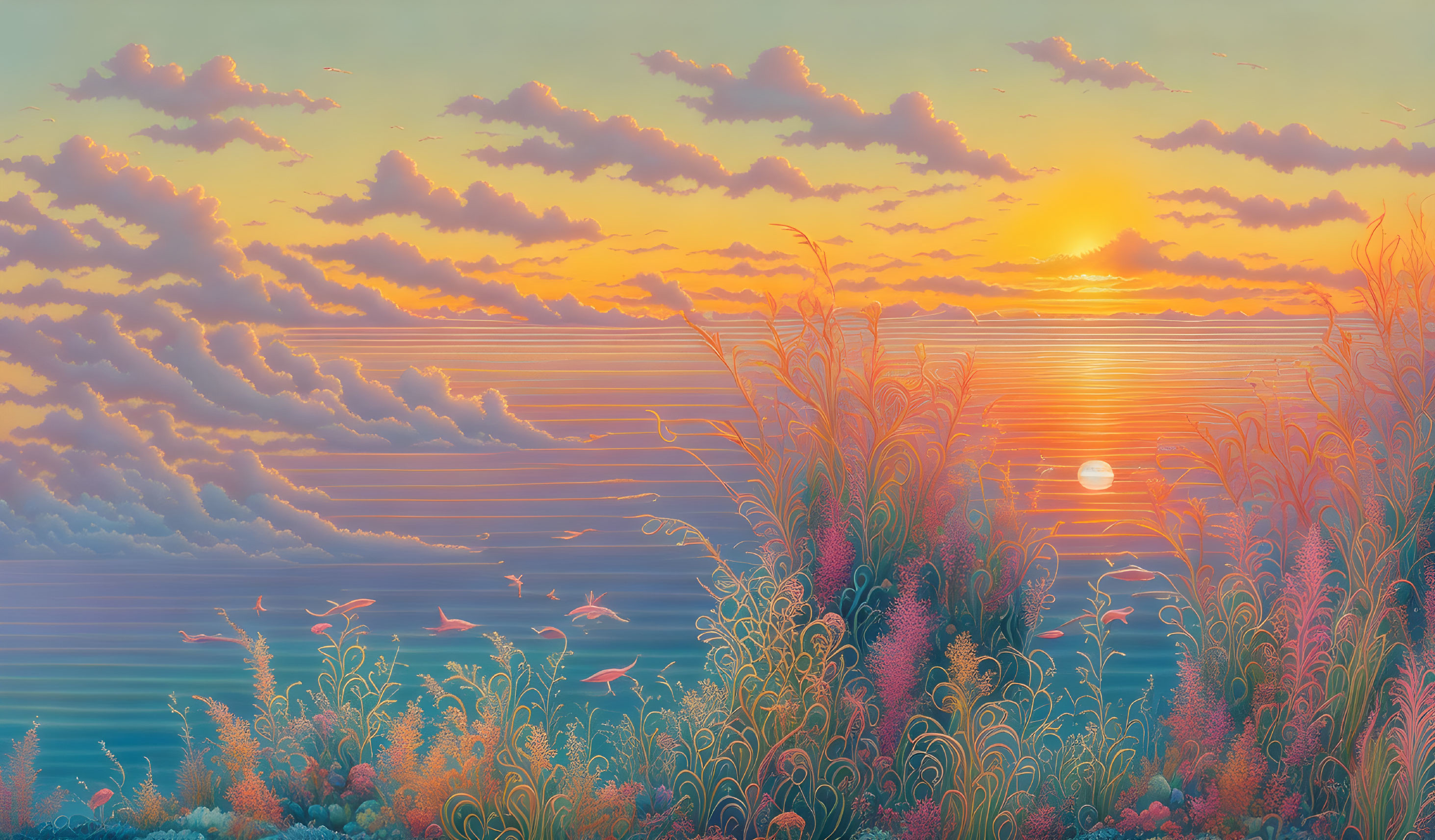 Scenic sunset with colorful flora and birds over calm sea