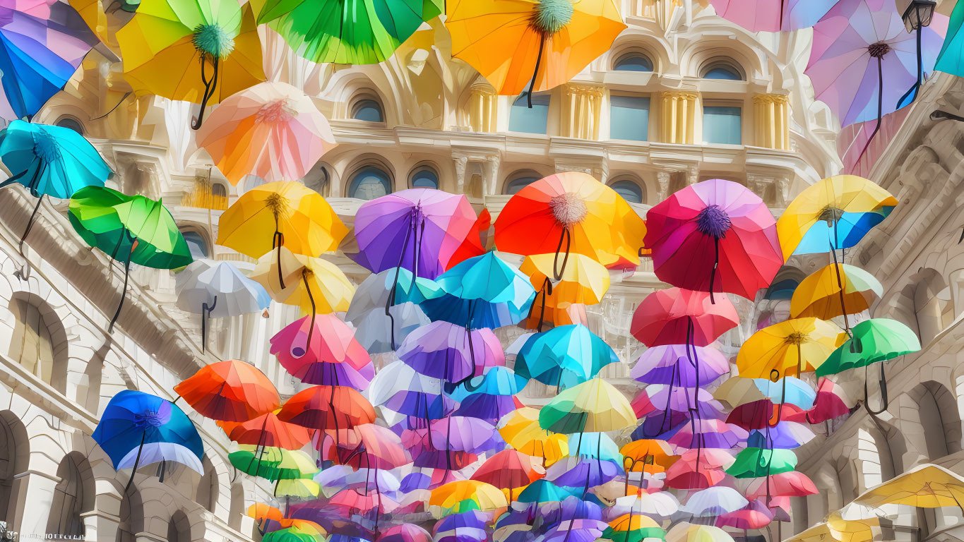 Vibrant umbrellas above European-style architecture on sunny day