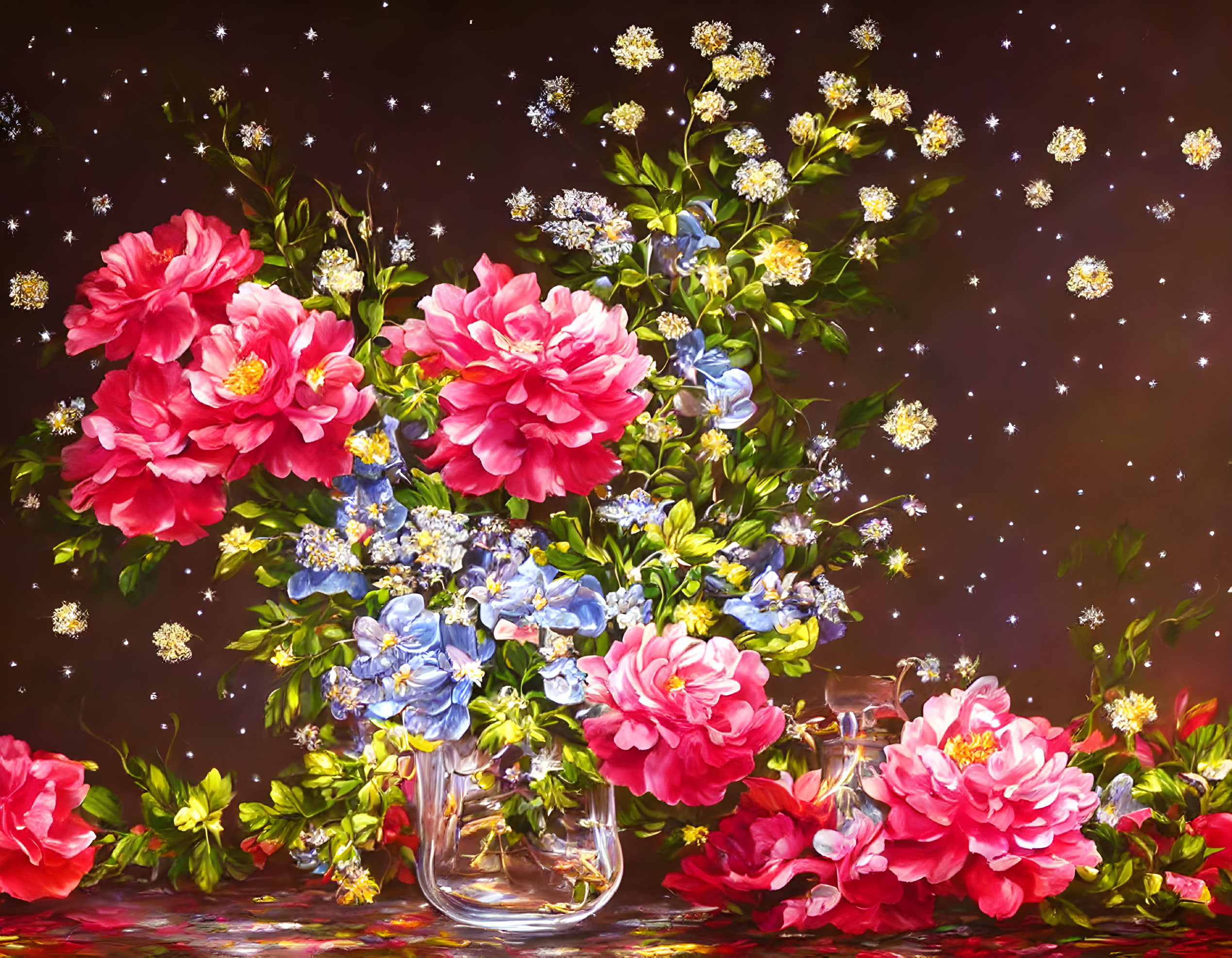 Colorful floral painting: pink peonies, blue flowers, daisies in glass vase on