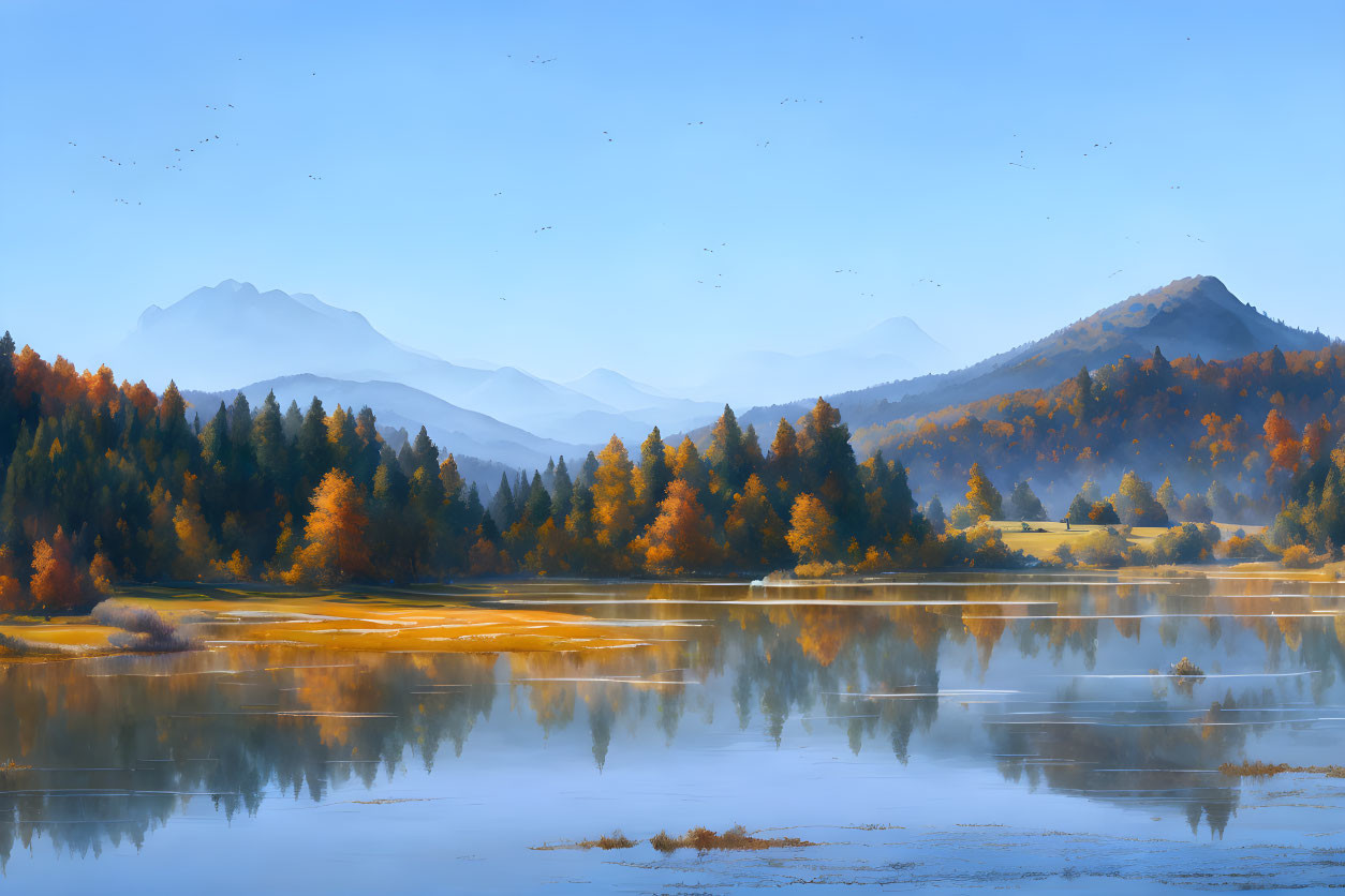 Tranquil autumn landscape with reflective lake, colorful trees, distant mountains, clear sky