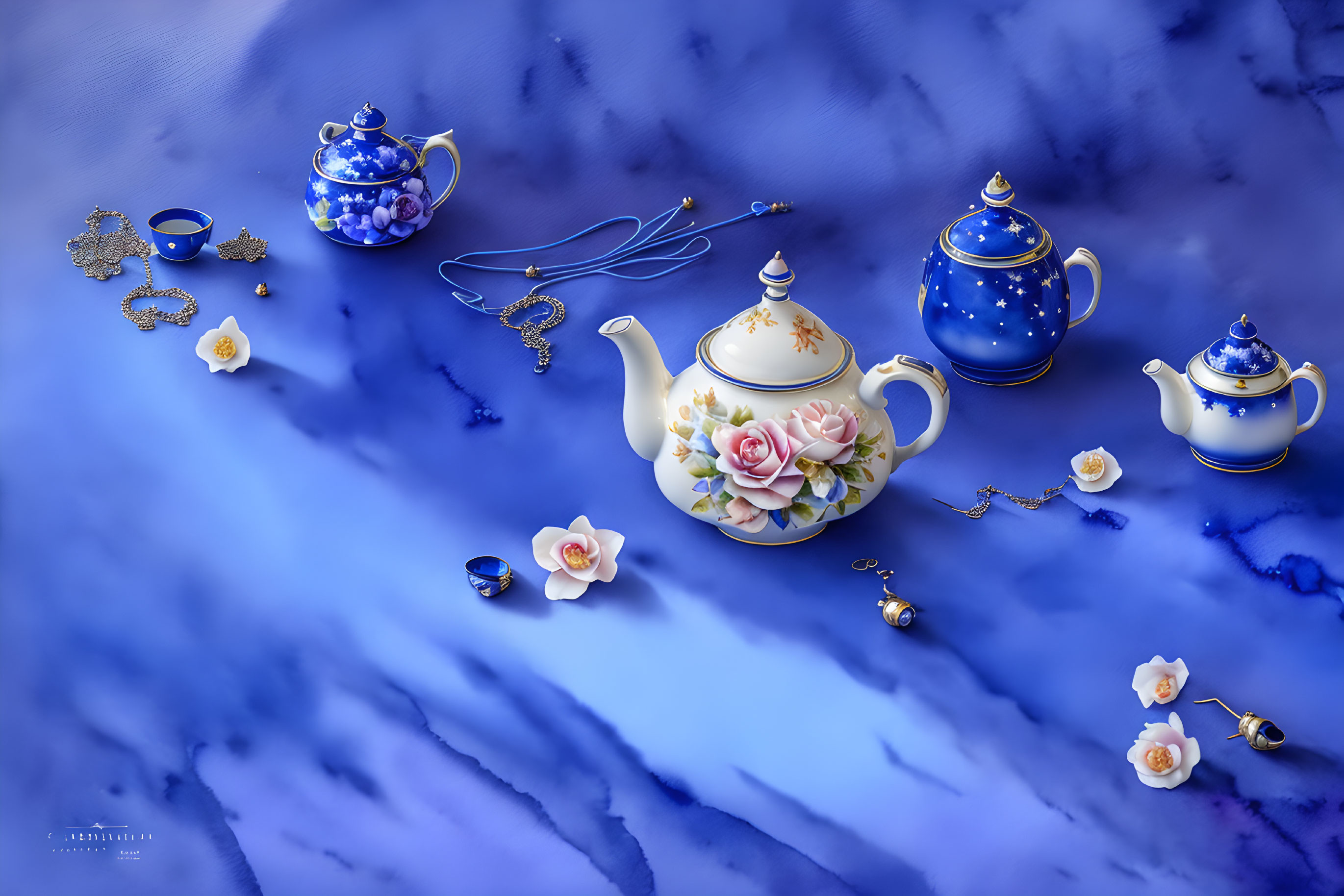 Teapots and Jewelry on Blue Marbled Surface