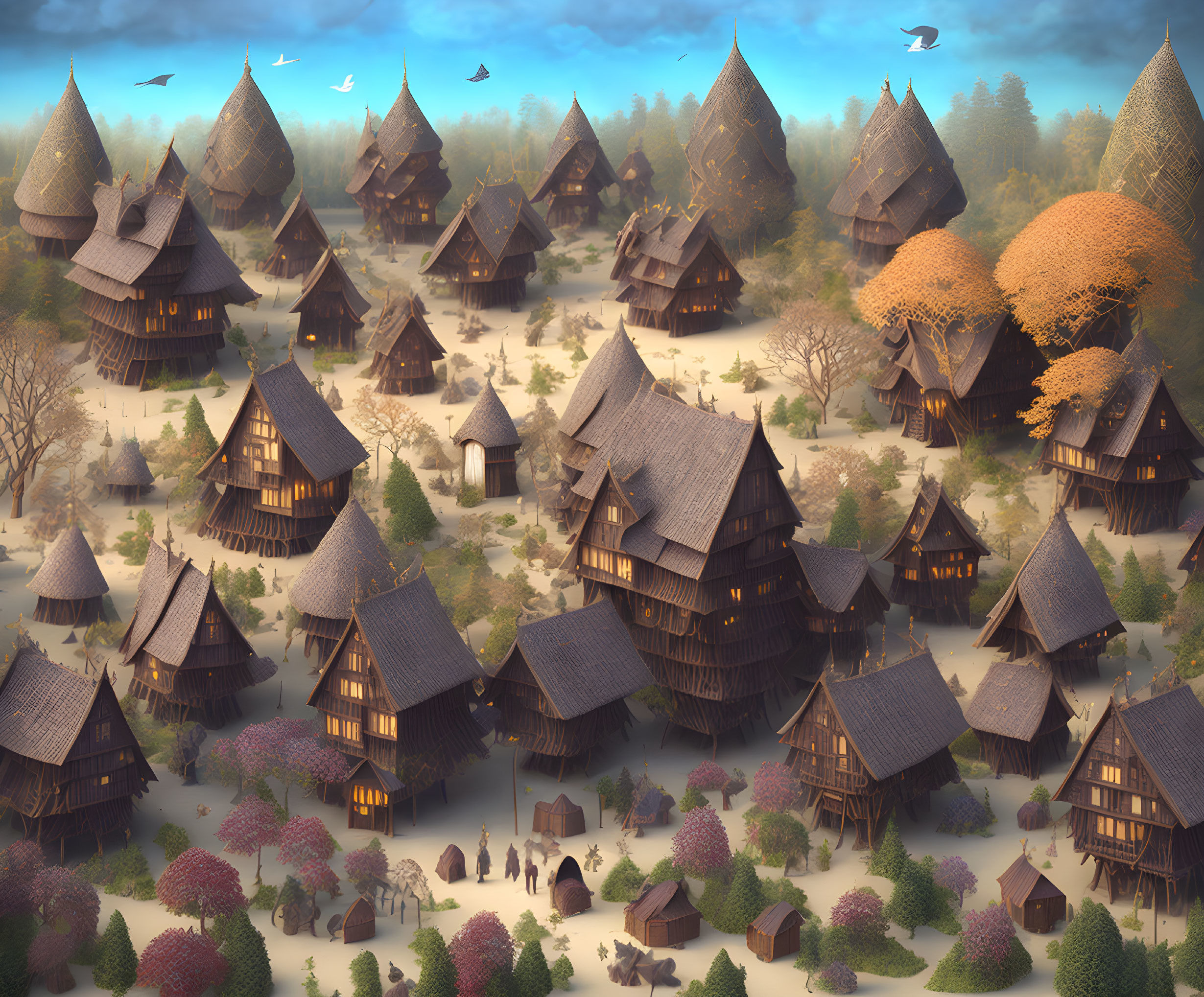 Autumn-themed fantasy village with thatched-roof houses and flying birds