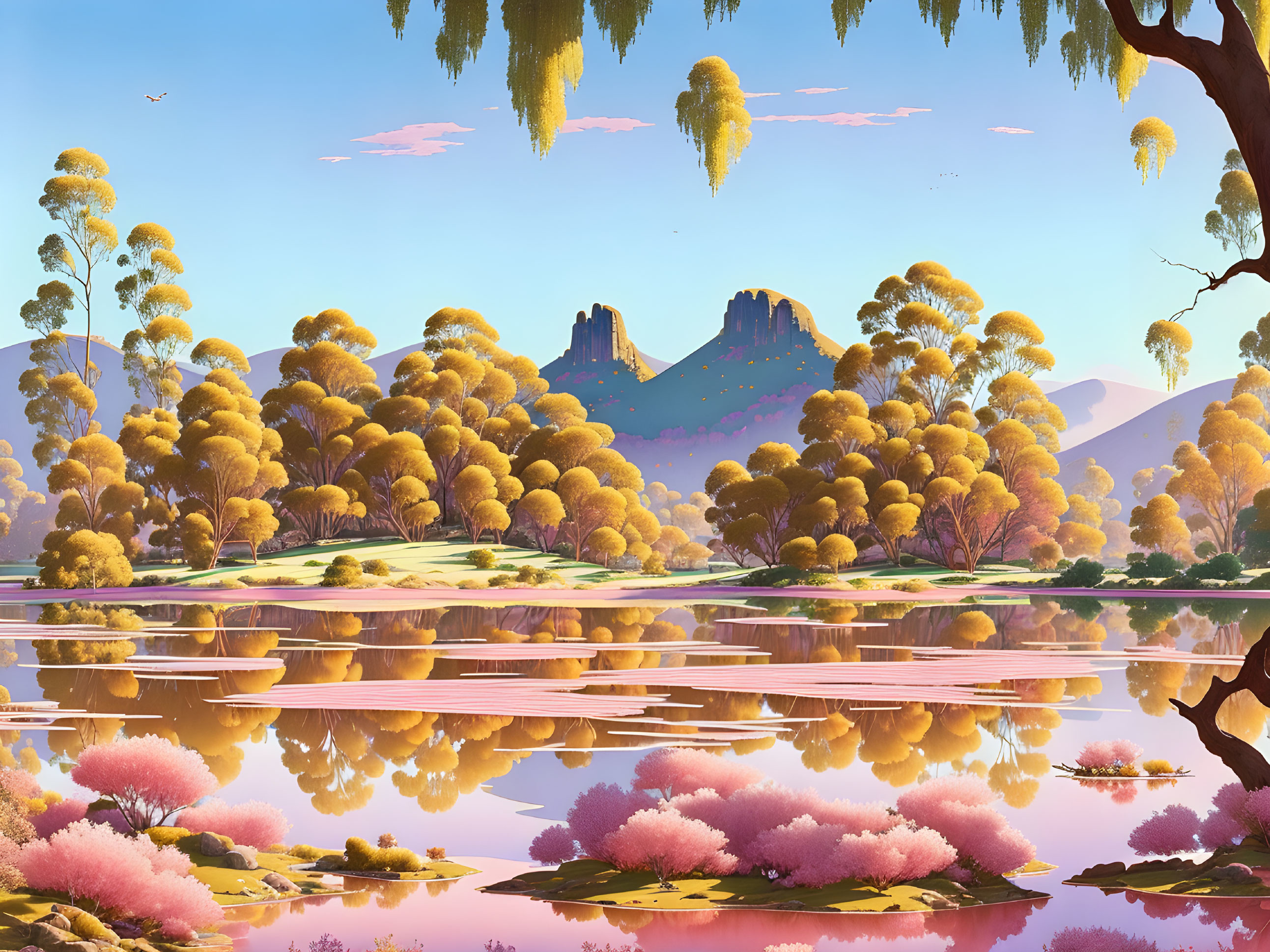 Tranquil landscape with reflective lake, lush trees, mountains, and birds