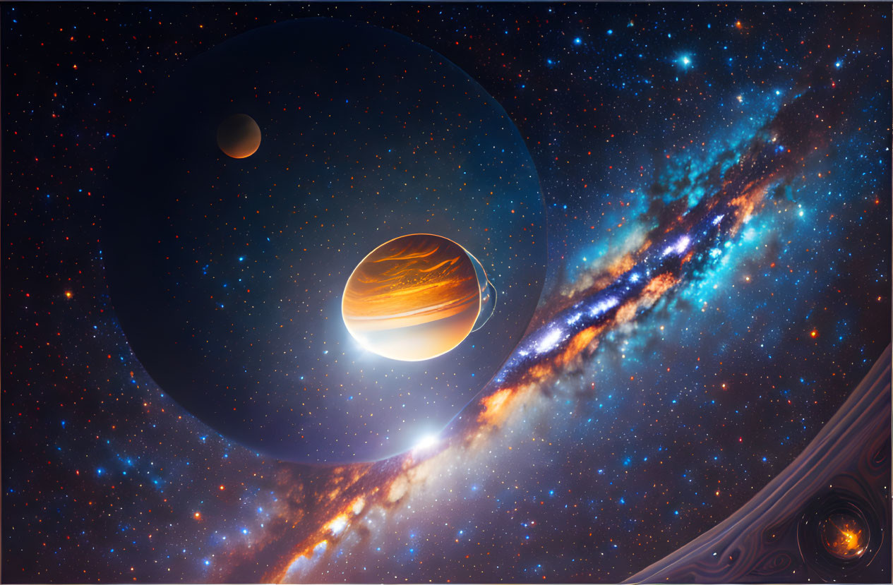 Colorful Gas Giant and Moon in Star-Filled Space