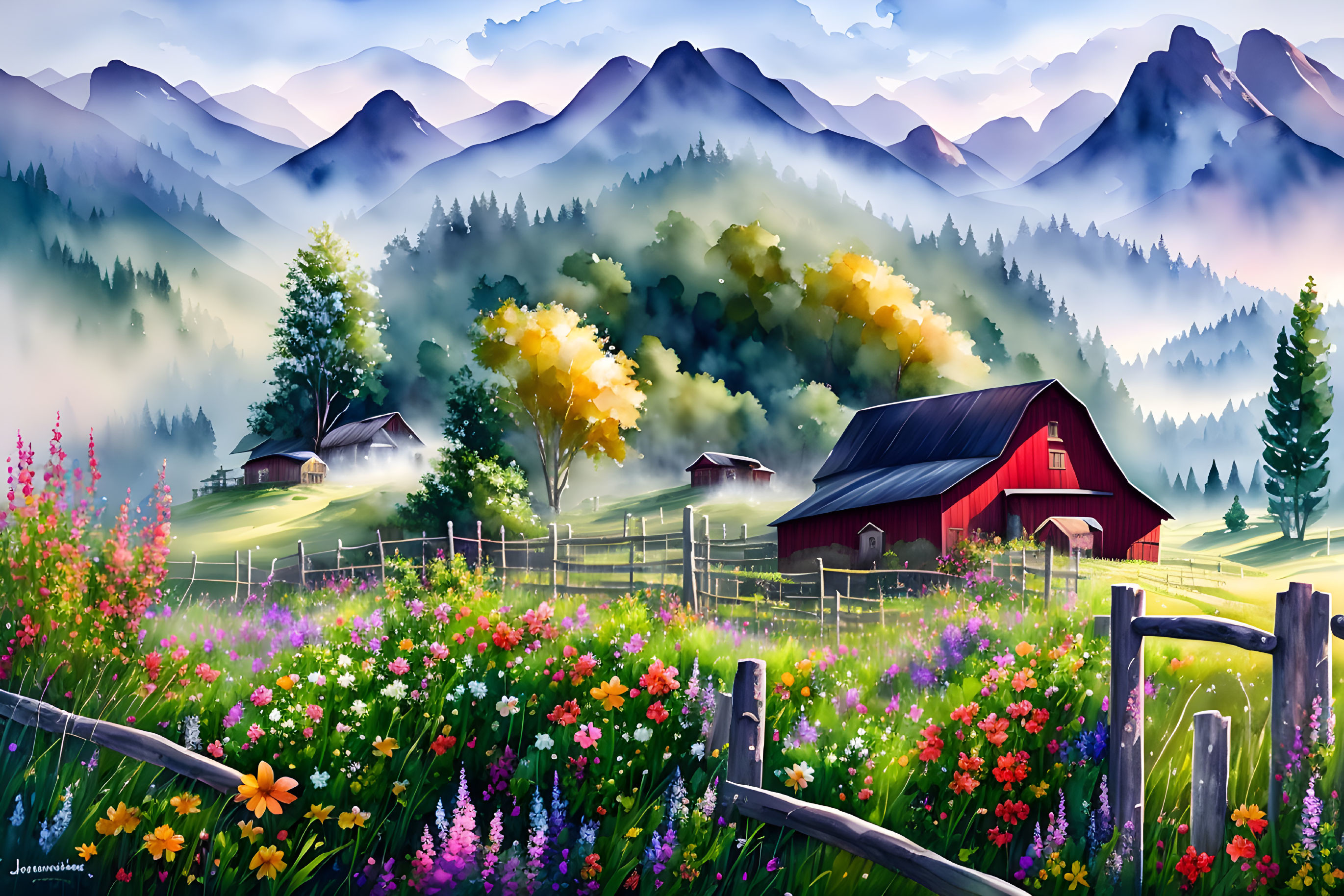 Colorful valley scene with red barn, wildflowers, and misty mountains