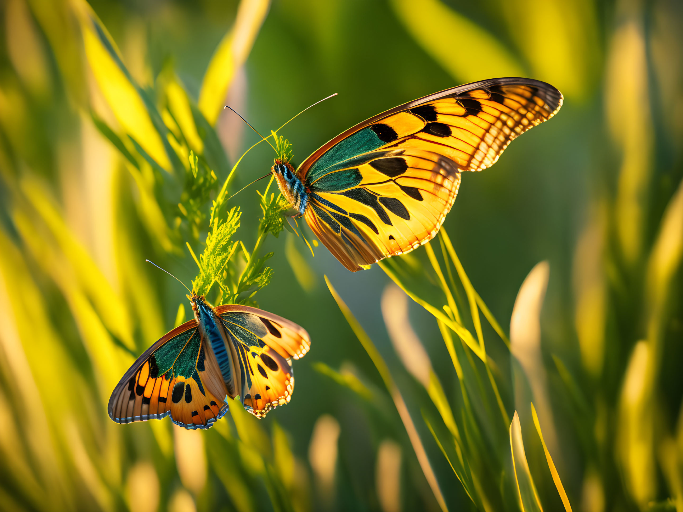 Vibrant orange and black butterflies on green foliage with soft-focus background