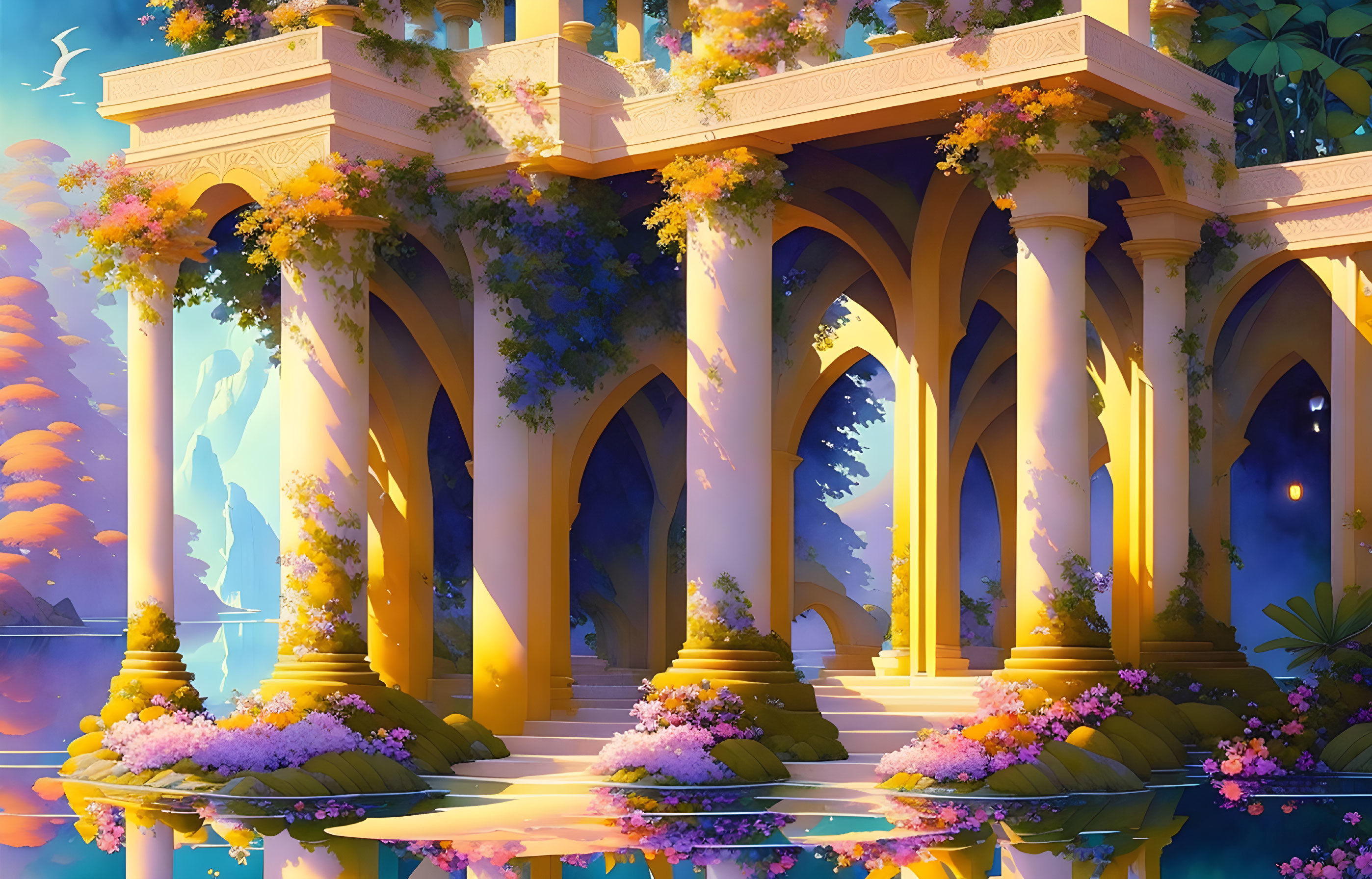 Ethereal fantasy temple in water with blooming flowers and lush trees