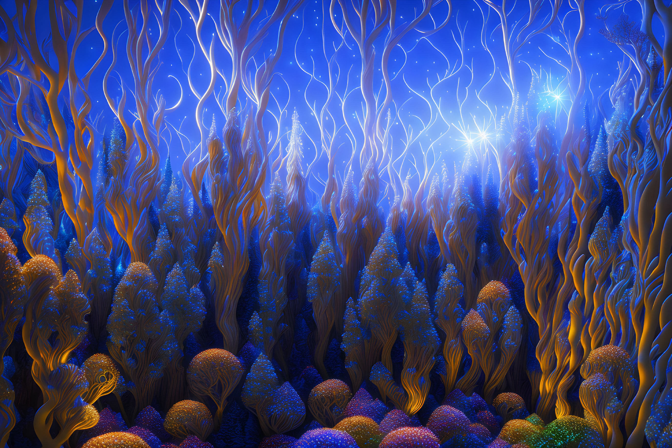 Surreal forest scene with vibrant blue and golden hues and glowing orbs