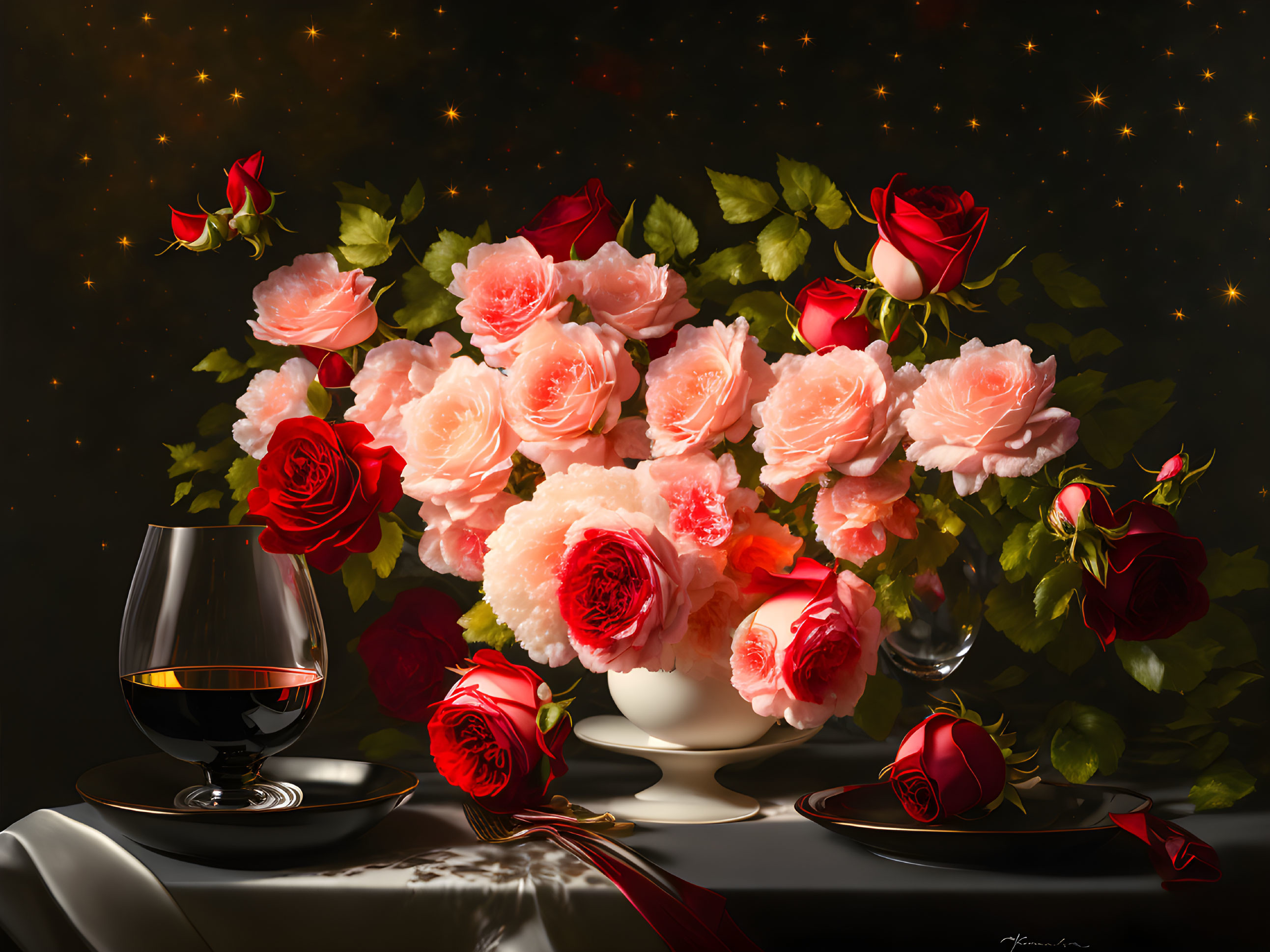 Still life with pink and red roses, glass of amber liquid, and draped white cloth on starry