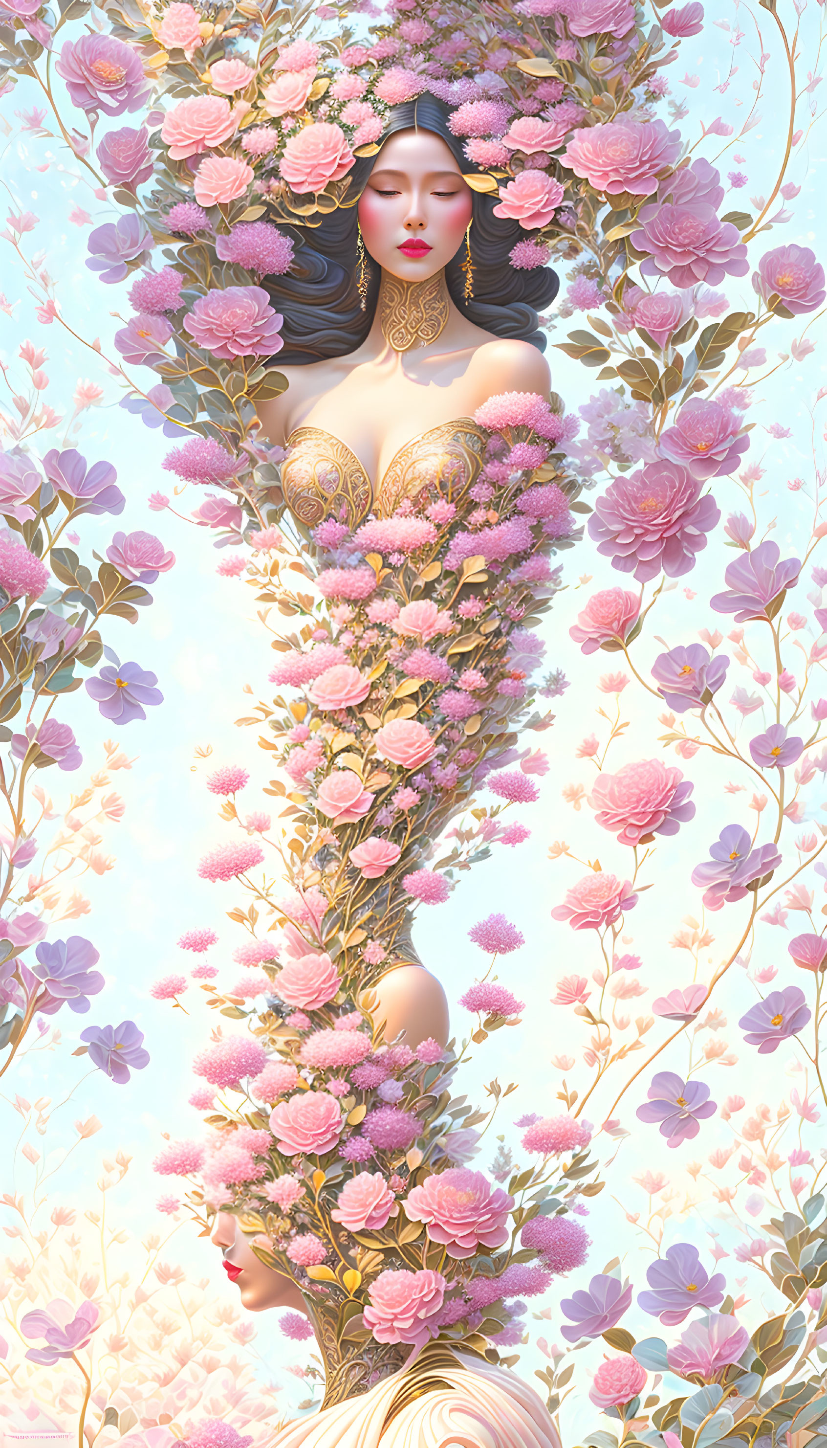 Ethereal woman in pink flower gown with gold necklace on pastel sky