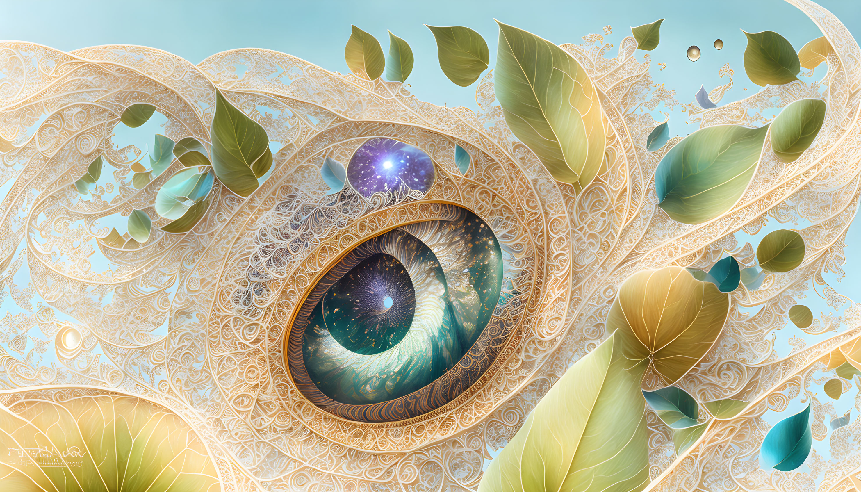 Intricate surreal artwork: eye, golden patterns, cosmic elements, green leaves