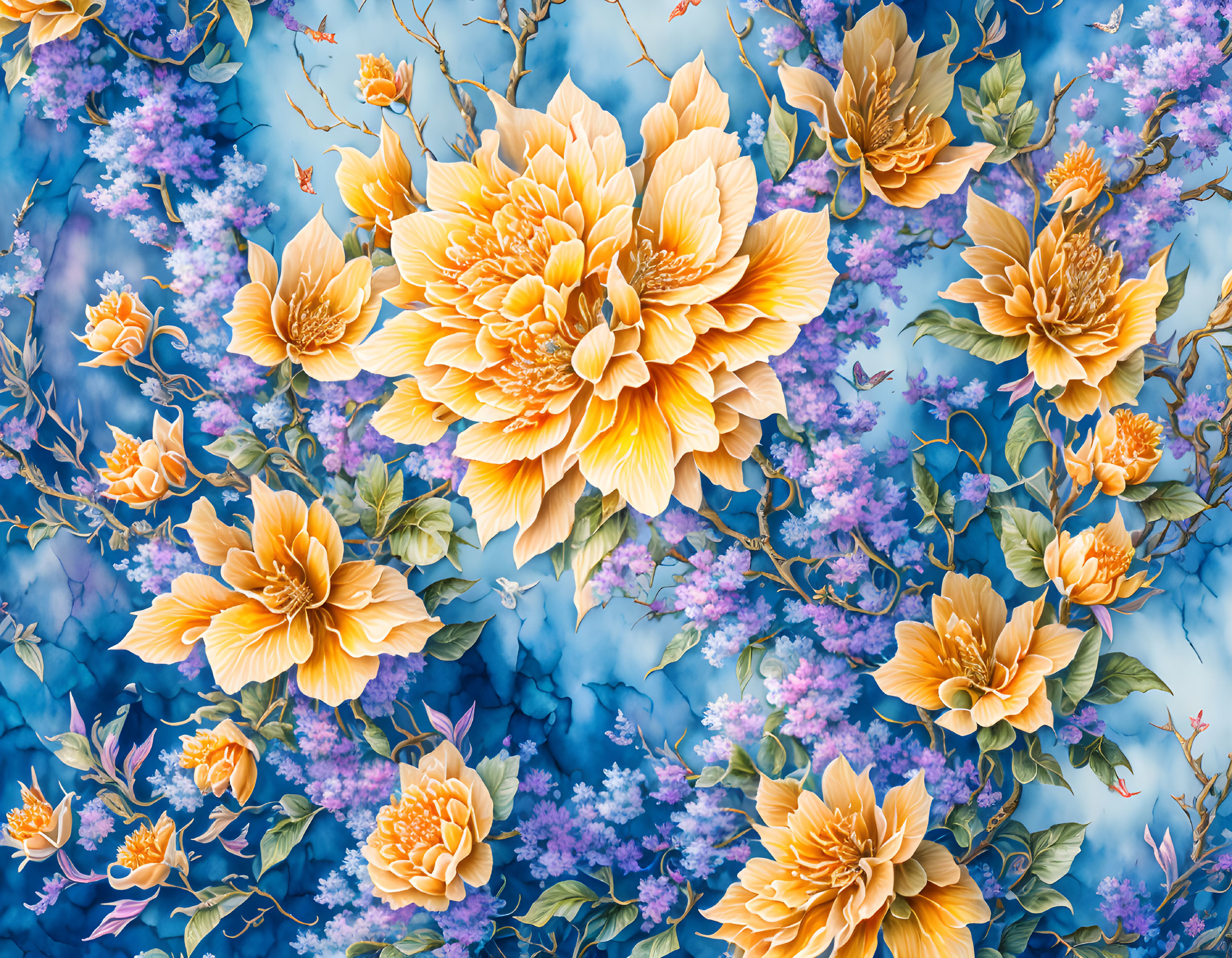 Colorful Floral Pattern: Yellow-Orange Peonies, Purple Flowers, Textured Blue Background