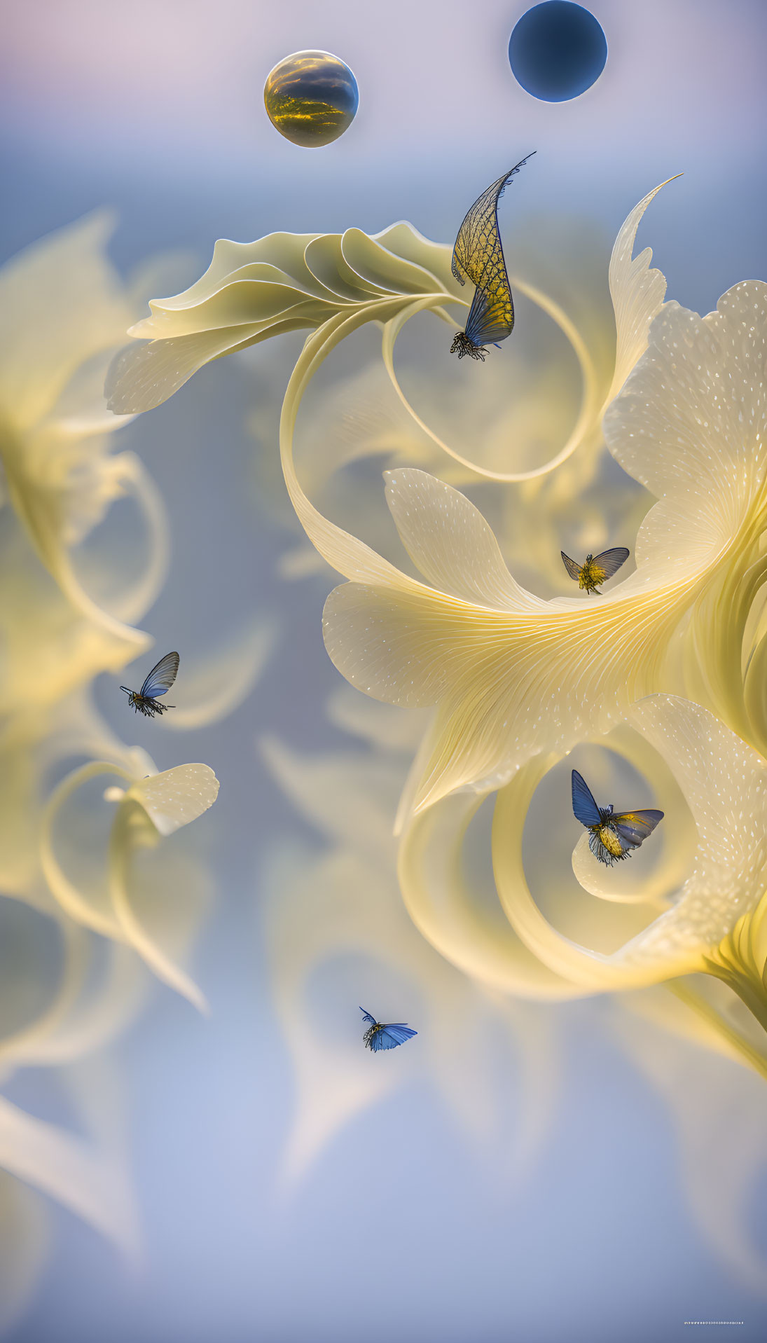 Ethereal white flowers with butterflies and droplets on a soft blue backdrop