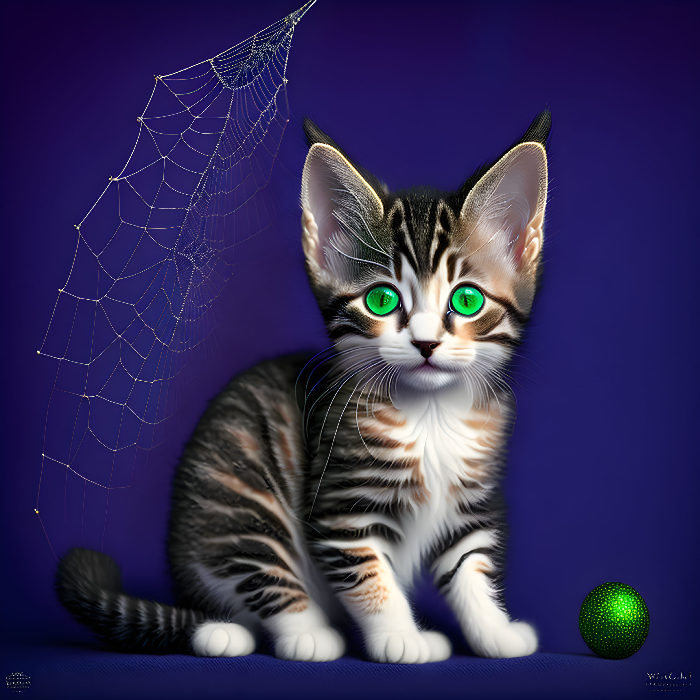 Tabby kitten with green eyes and spider web on purple backdrop